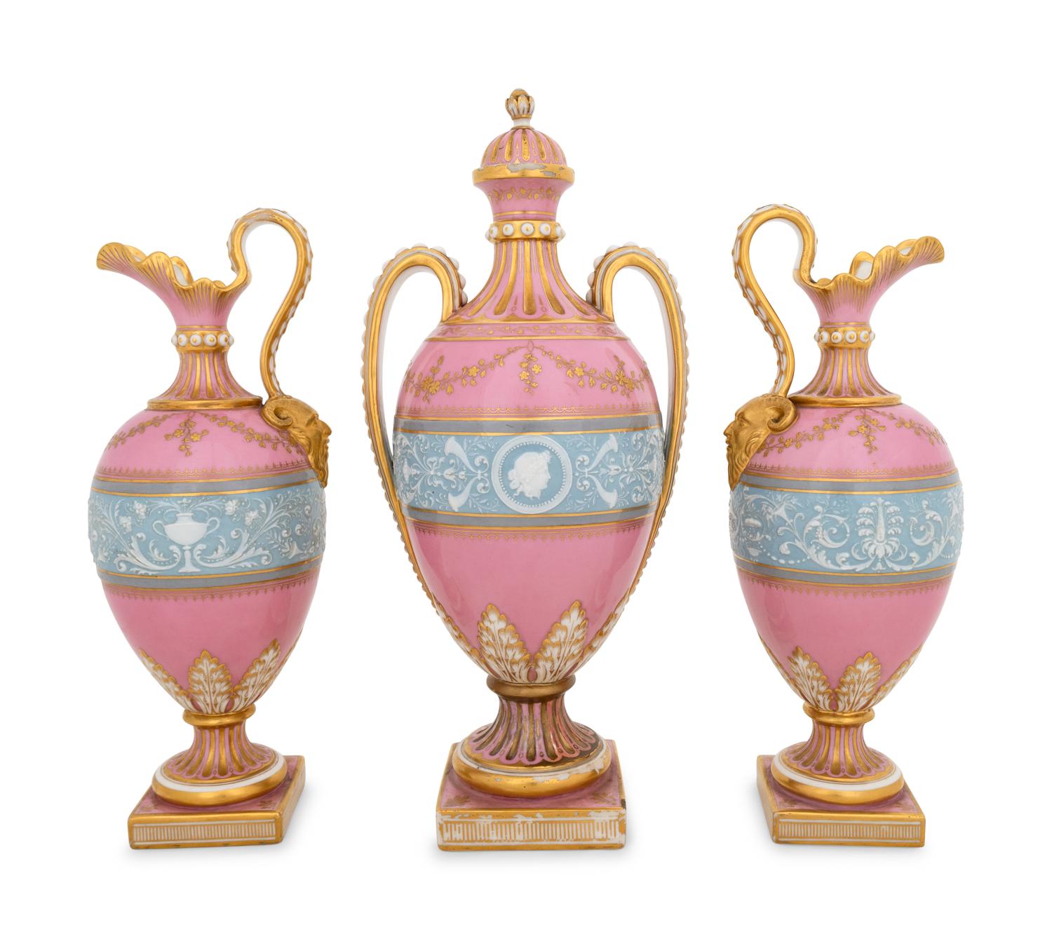 A Minton's Pâte-sur-Pâte Pink-Ground Three-Piece Garniture