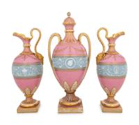 A Minton's Pâte-sur-Pâte Pink-Ground Three-Piece Garniture