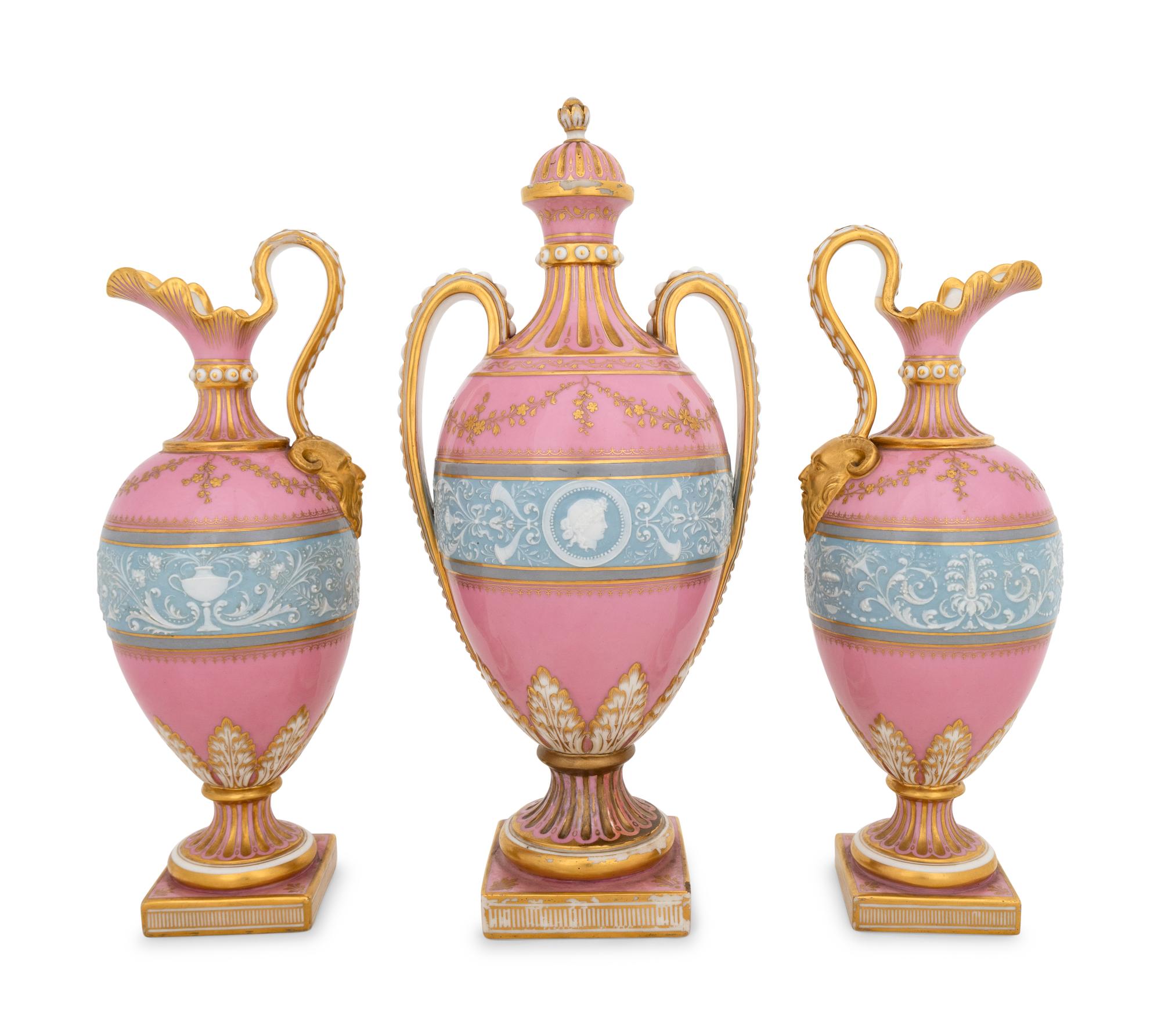 A Minton's Pâte-sur-Pâte Pink-Ground Three-Piece Garniture