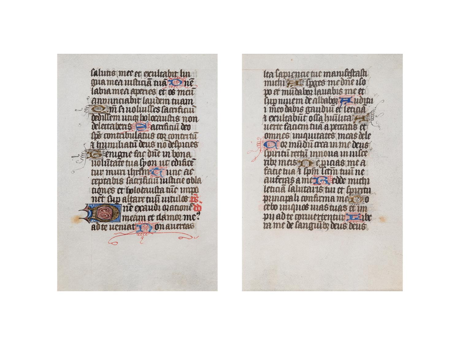 [BOOK OF HOURS]. A group of 25 leaves from medieval and renaissance manuscripts and printed books, including 5 or more from Otto Ege’s Fifty Original Leaves from Medieval Manuscripts. Western Europe: XII-XVI Century [compiled Cleveland, c.1950] and Original Leaves from Famous Bibles: Nine Centuries, 1121-1935 A.D [Compiled Cleveland, c.1950]. Various sizes, including: