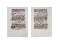 [BOOK OF HOURS]. A group of 25 leaves from medieval and renaissance manuscripts and printed books, including 5 or more from Otto Ege’s Fifty Original Leaves from Medieval Manuscripts. Western Europe: XII-XVI Century [compiled Cleveland, c.1950] and Original Leaves from Famous Bibles: Nine Centuries, 1121-1935 A.D [Compiled Cleveland, c.1950]. Various sizes, including:
