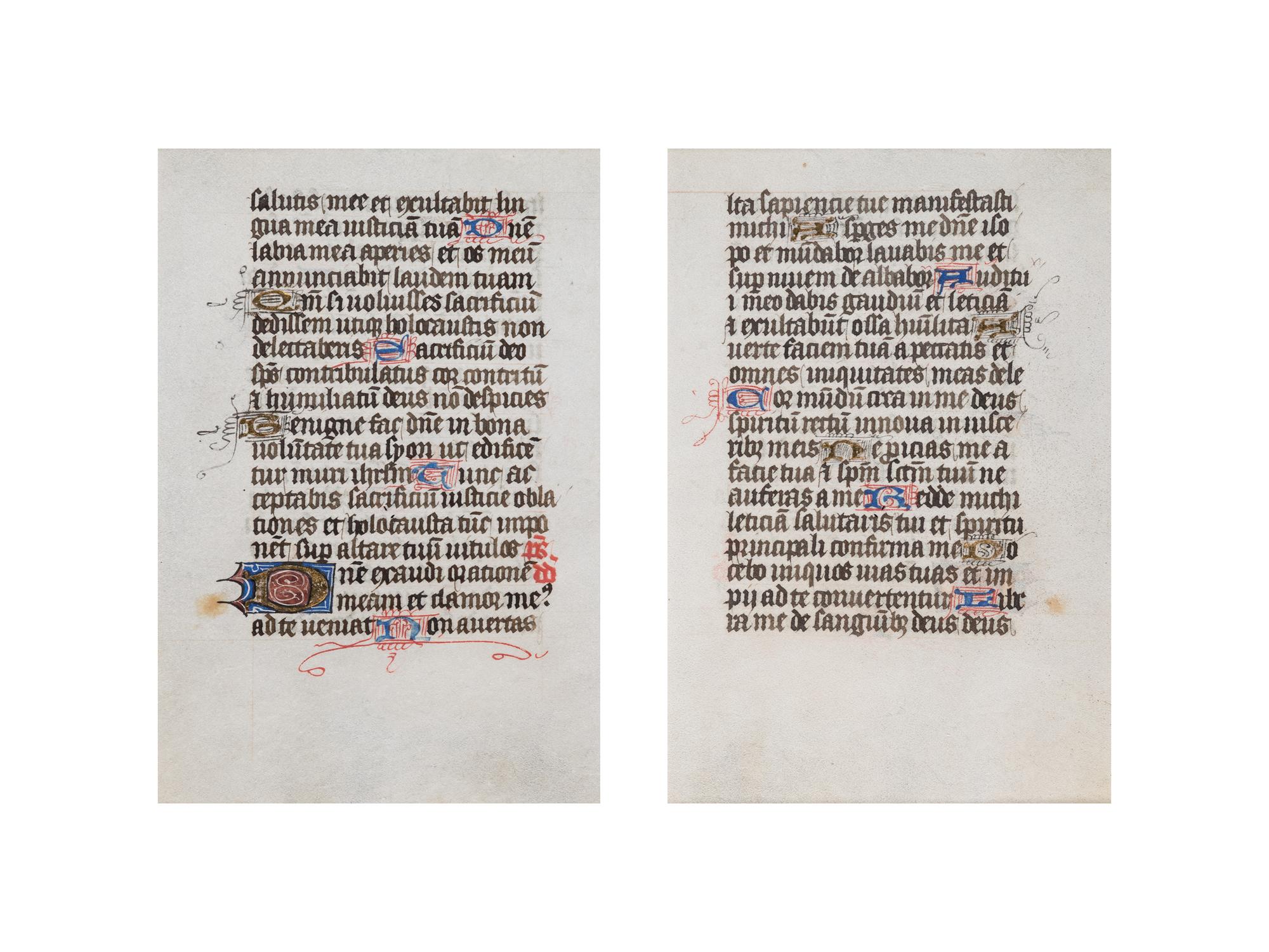 [BOOK OF HOURS]. A group of 25 leaves from medieval and renaissance manuscripts and printed books, including 5 or more from Otto Ege’s Fifty Original Leaves from Medieval Manuscripts. Western Europe: XII-XVI Century [compiled Cleveland, c.1950] and Original Leaves from Famous Bibles: Nine Centuries, 1121-1935 A.D [Compiled Cleveland, c.1950]. Various sizes, including: