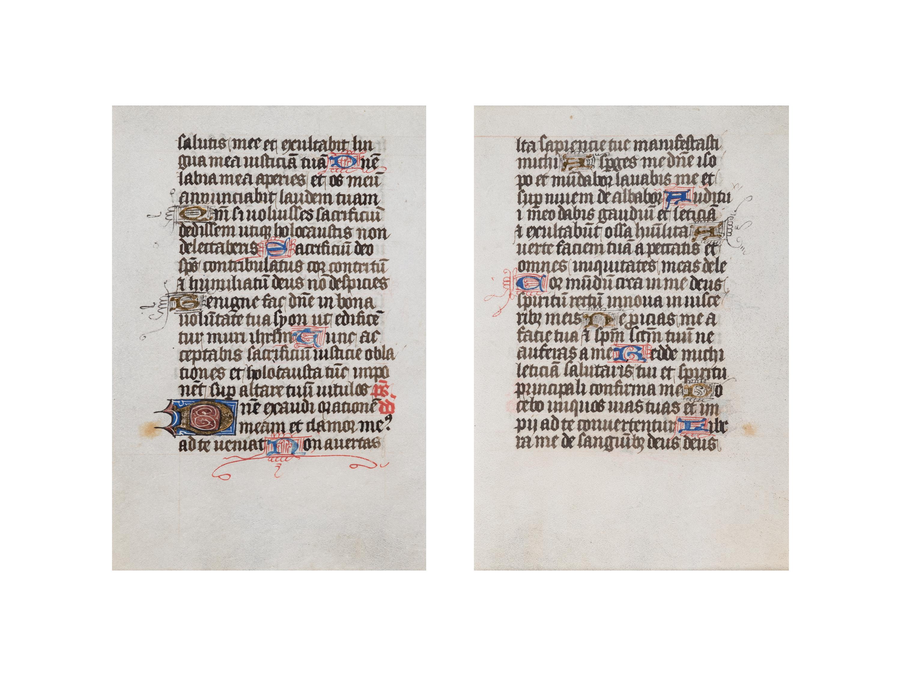 [BOOK OF HOURS]. A group of 25 leaves from medieval and renaissance manuscripts and printed books, including 5 or more from Otto Ege’s Fifty Original Leaves from Medieval Manuscripts. Western Europe: XII-XVI Century [compiled Cleveland, c.1950] and Original Leaves from Famous Bibles: Nine Centuries, 1121-1935 A.D [Compiled Cleveland, c.1950]. Various sizes, including: