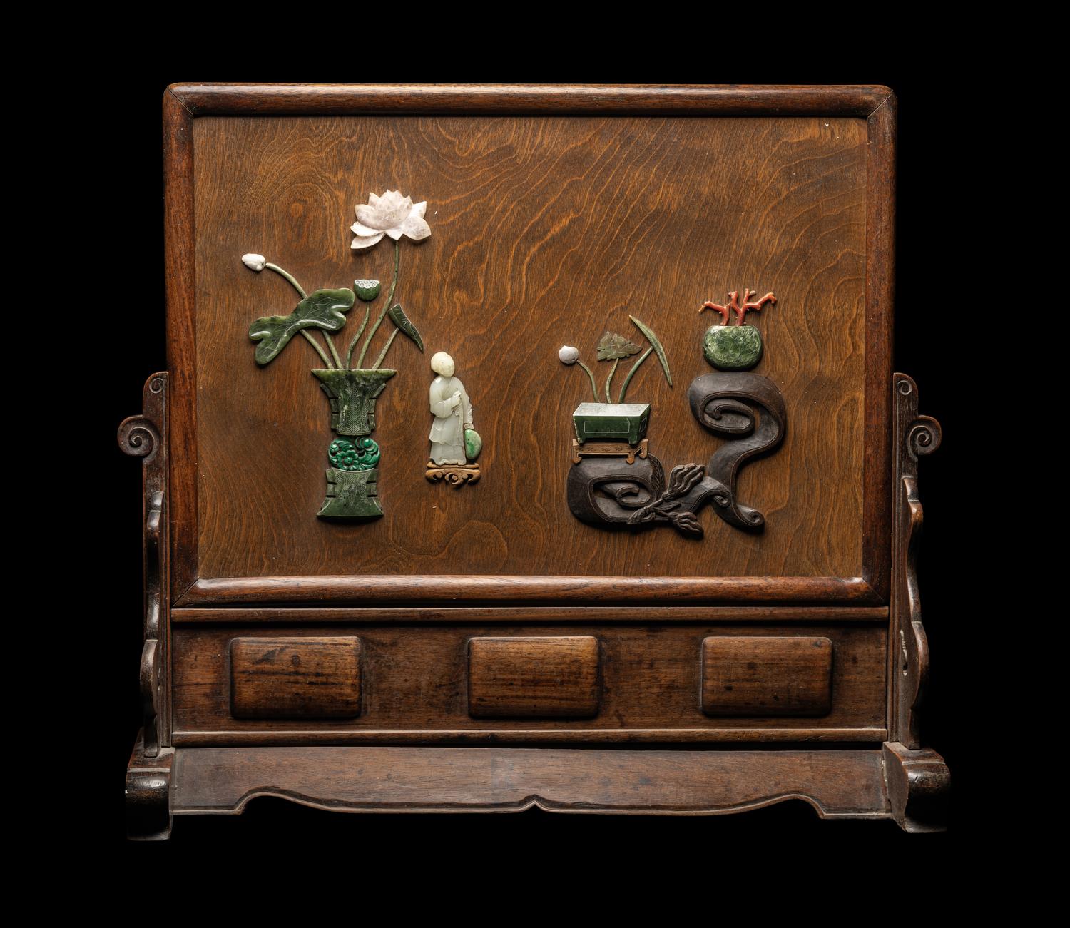 A Chinese Jade, Jadeite and Hardstone Inset Hardwood Table Screen