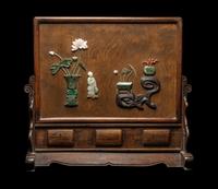 A Chinese Jade, Jadeite and Hardstone Inset Hardwood Table Screen