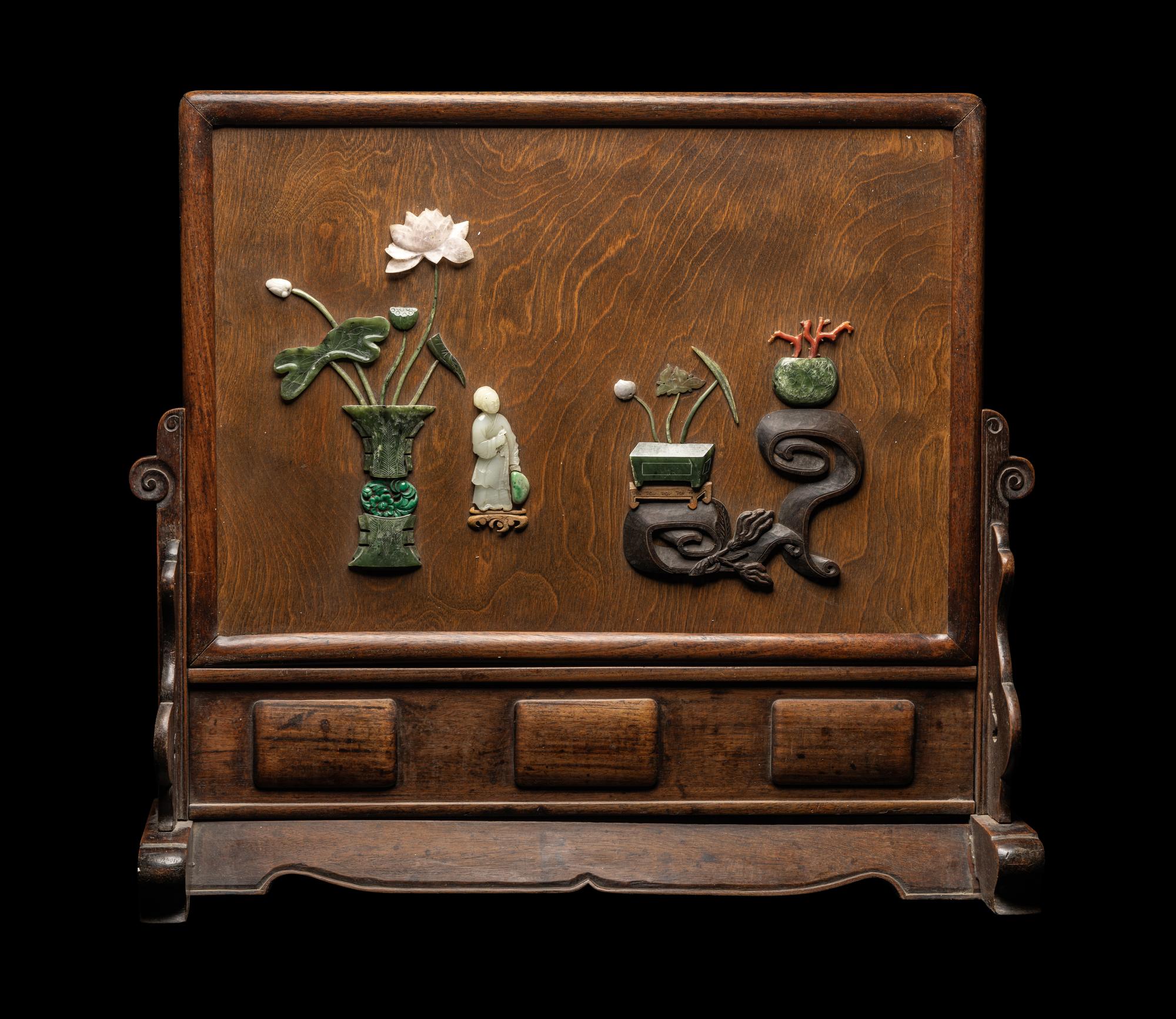 A Chinese Jade, Jadeite and Hardstone Inset Hardwood Table Screen