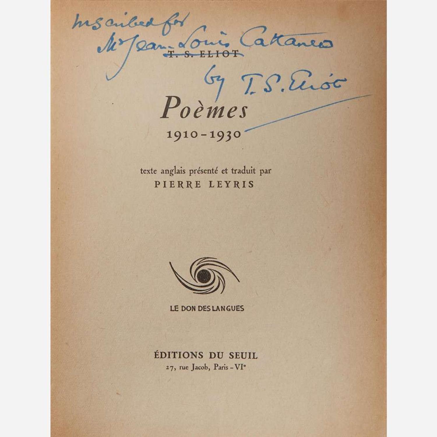 [Literature] Eliot, T.S. Group of 2 Titles: One Inscribed and One Signed
