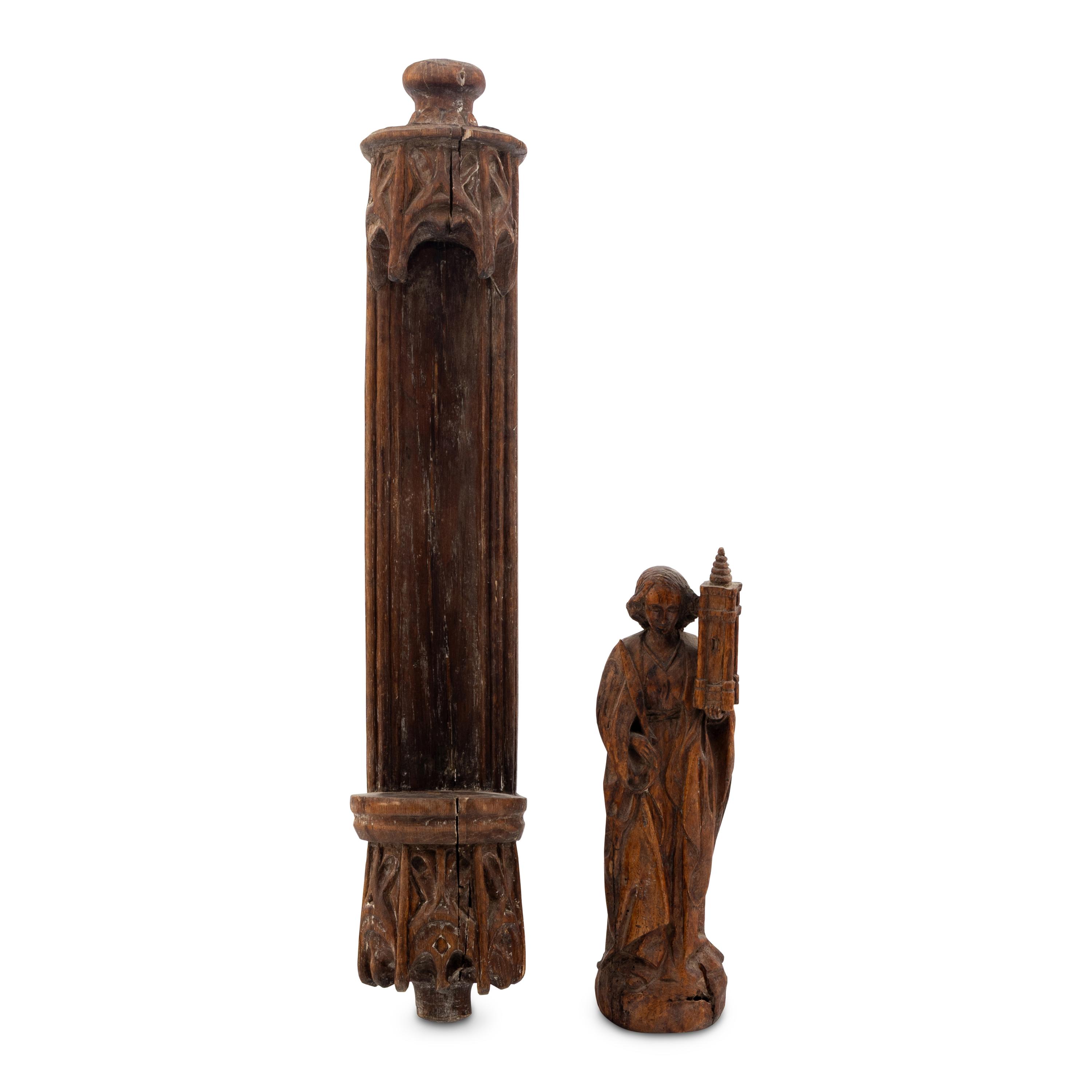 A Continental Carved Oak Figure of Saint Barbara with an Associated Altar Niche