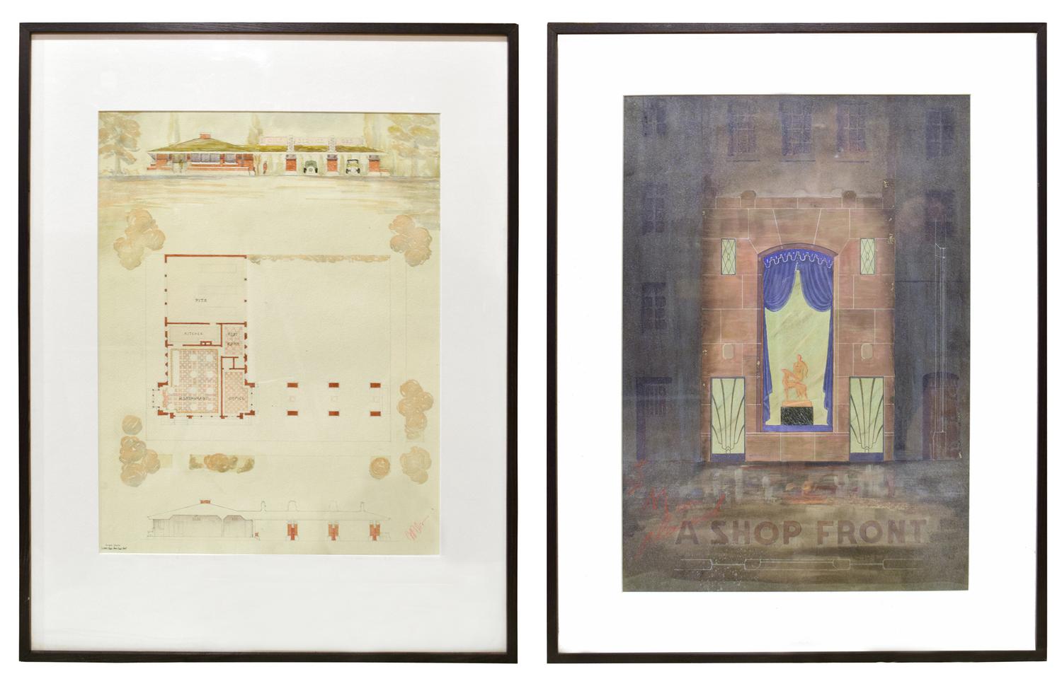 Two Framed Architectural Presentation Renderings from the University of Illinois Architecture Department 26" W x 1.5" D x 34.5" H — United States, 20th Century
