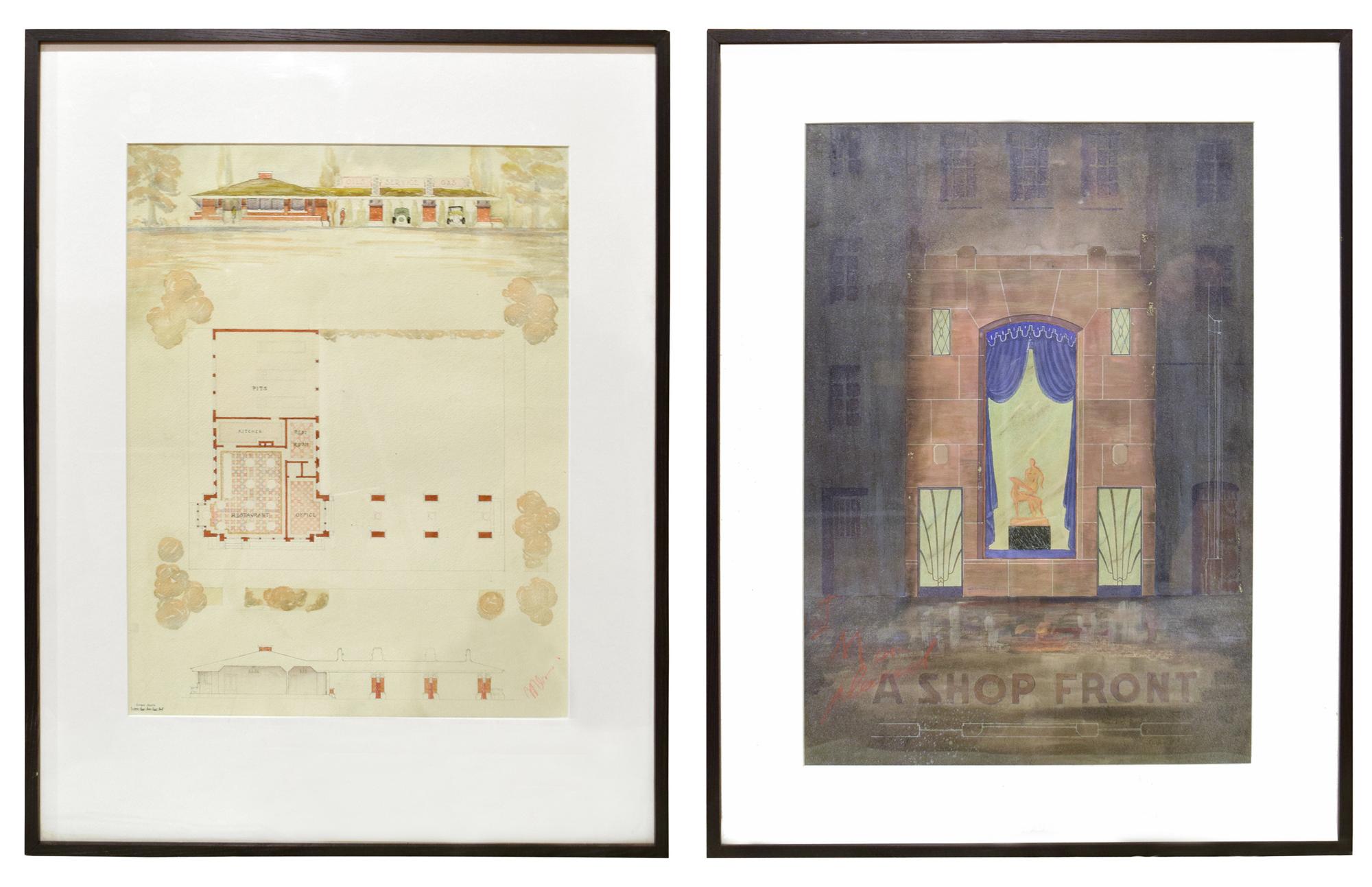Two Framed Architectural Presentation Renderings from the University of Illinois Architecture Department 26" W x 1.5" D x 34.5" H — United States, 20th Century