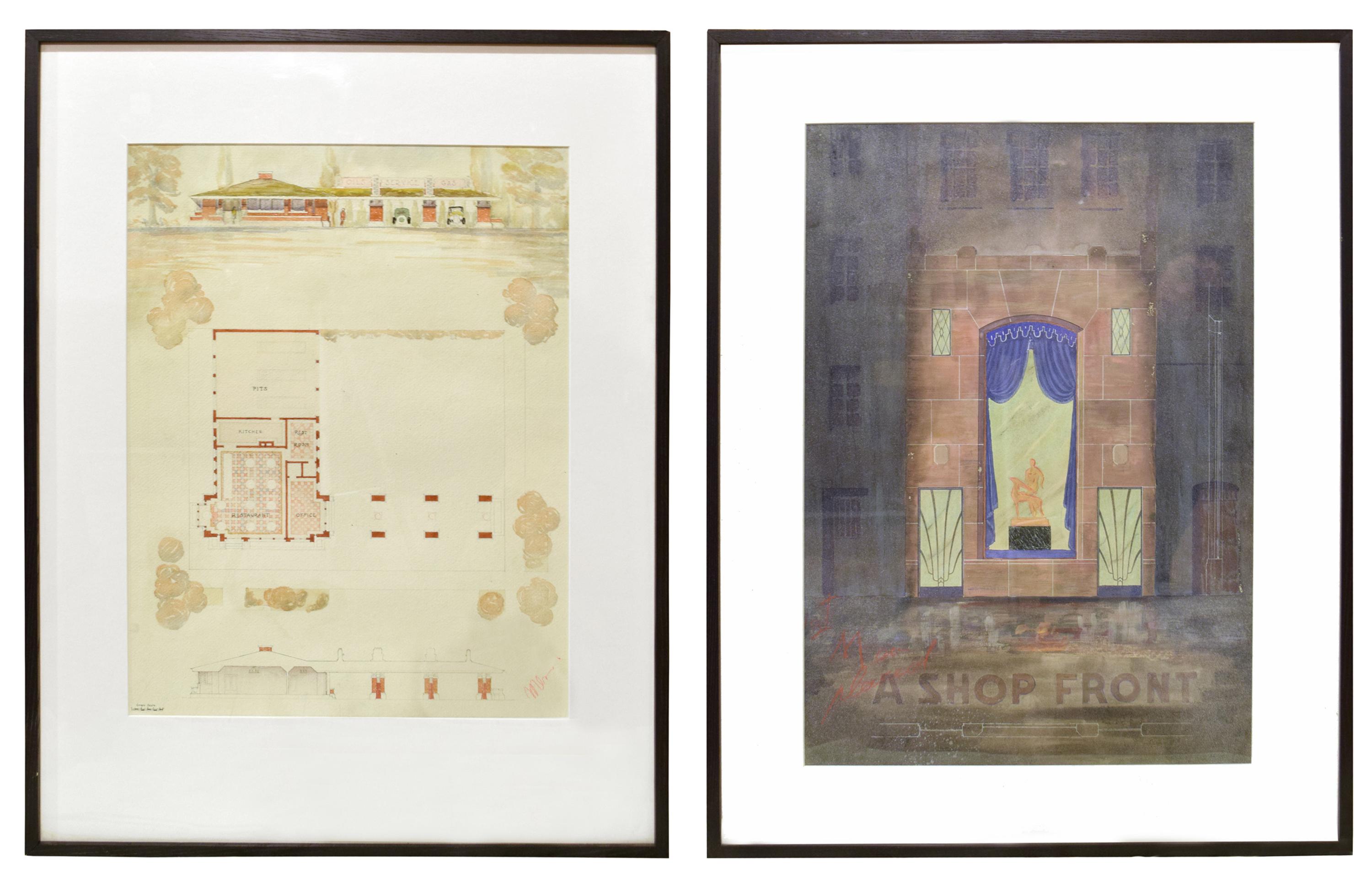 Two Framed Architectural Presentation Renderings from the University of Illinois Architecture Department 26" W x 1.5" D x 34.5" H — United States, 20th Century