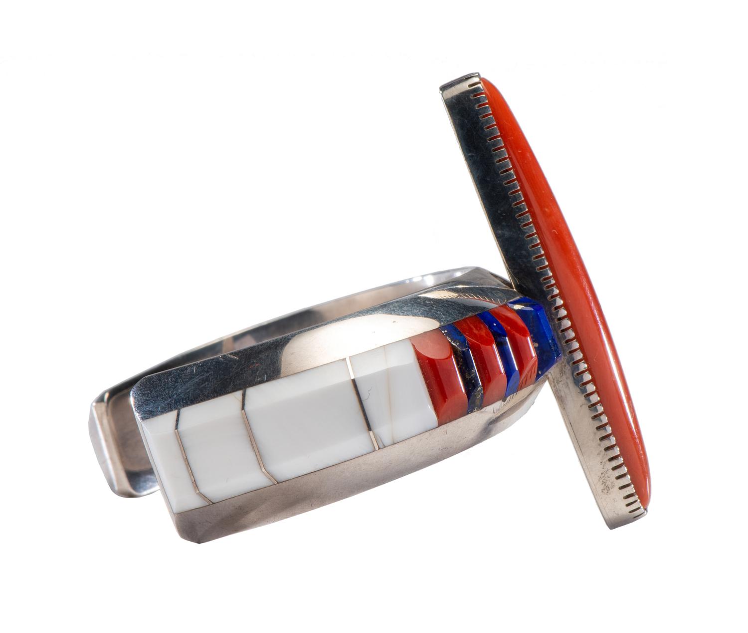 Sterling Silver Cuff Bracelet, with Coral, Lapis, Turquoise, and Howlite Lot is located and will ship from Denver, Colorado.