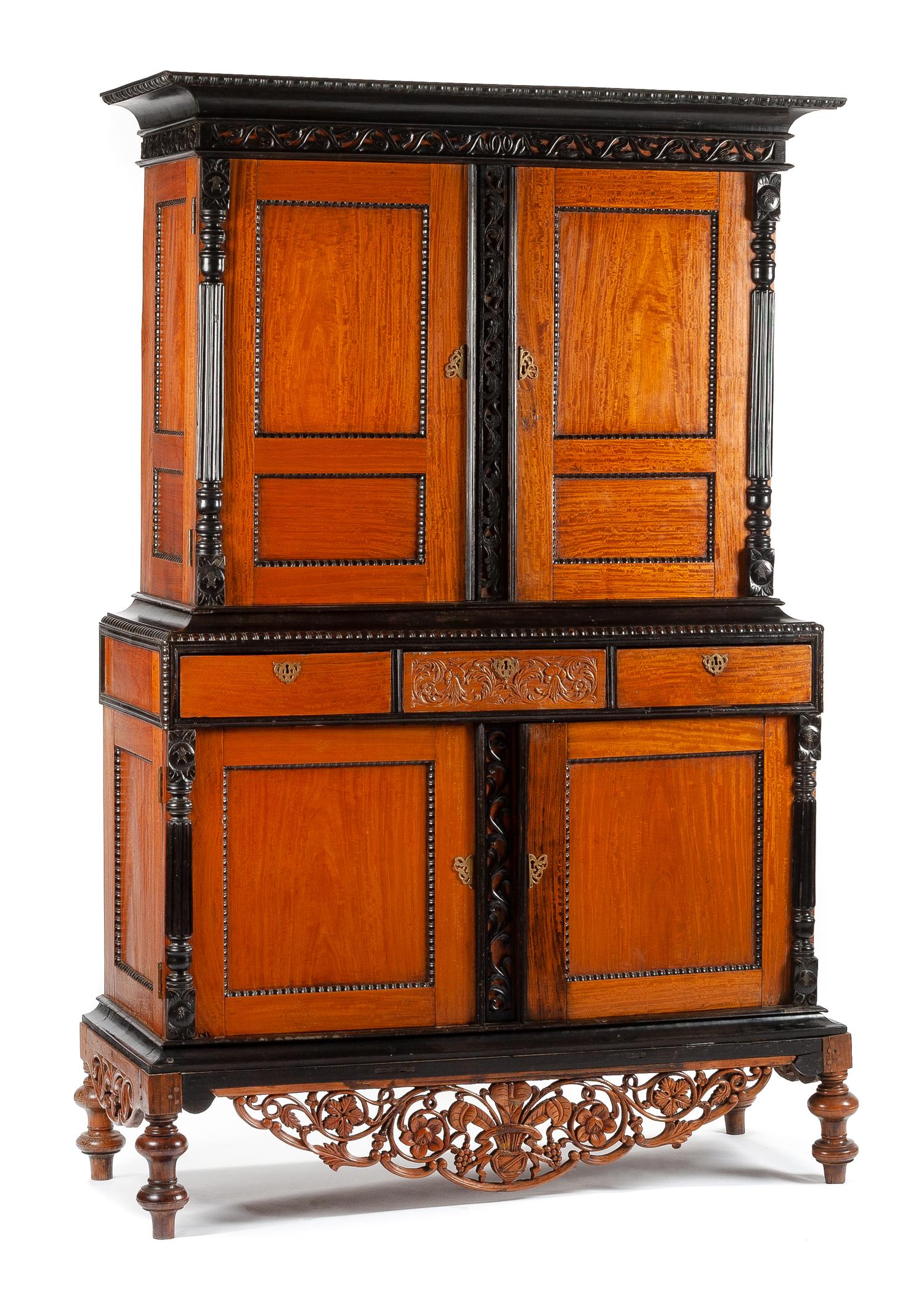 A Dutch Colonial Parcel Ebonized Satinwood Cabinet Height 81 x width 50 x depth 20 1/2 inches. — 19TH CENTURY