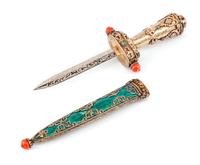 An Eastern European Silvered, Jeweled and Enameled Dagger Length 8 3/4 inches.