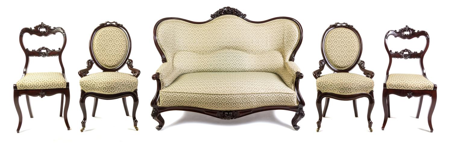 A Victorian Mahogany Parlor Suite Height of settee 44 x width 62 x depth 27 inches. — 19TH CENTURY
