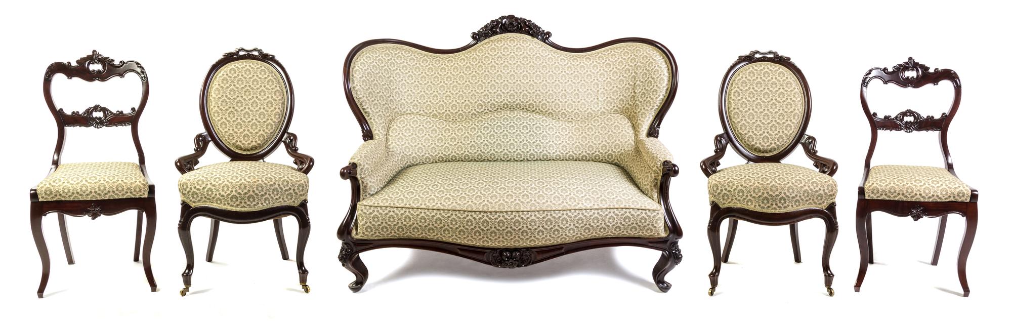 A Victorian Mahogany Parlor Suite Height of settee 44 x width 62 x depth 27 inches. — 19TH CENTURY