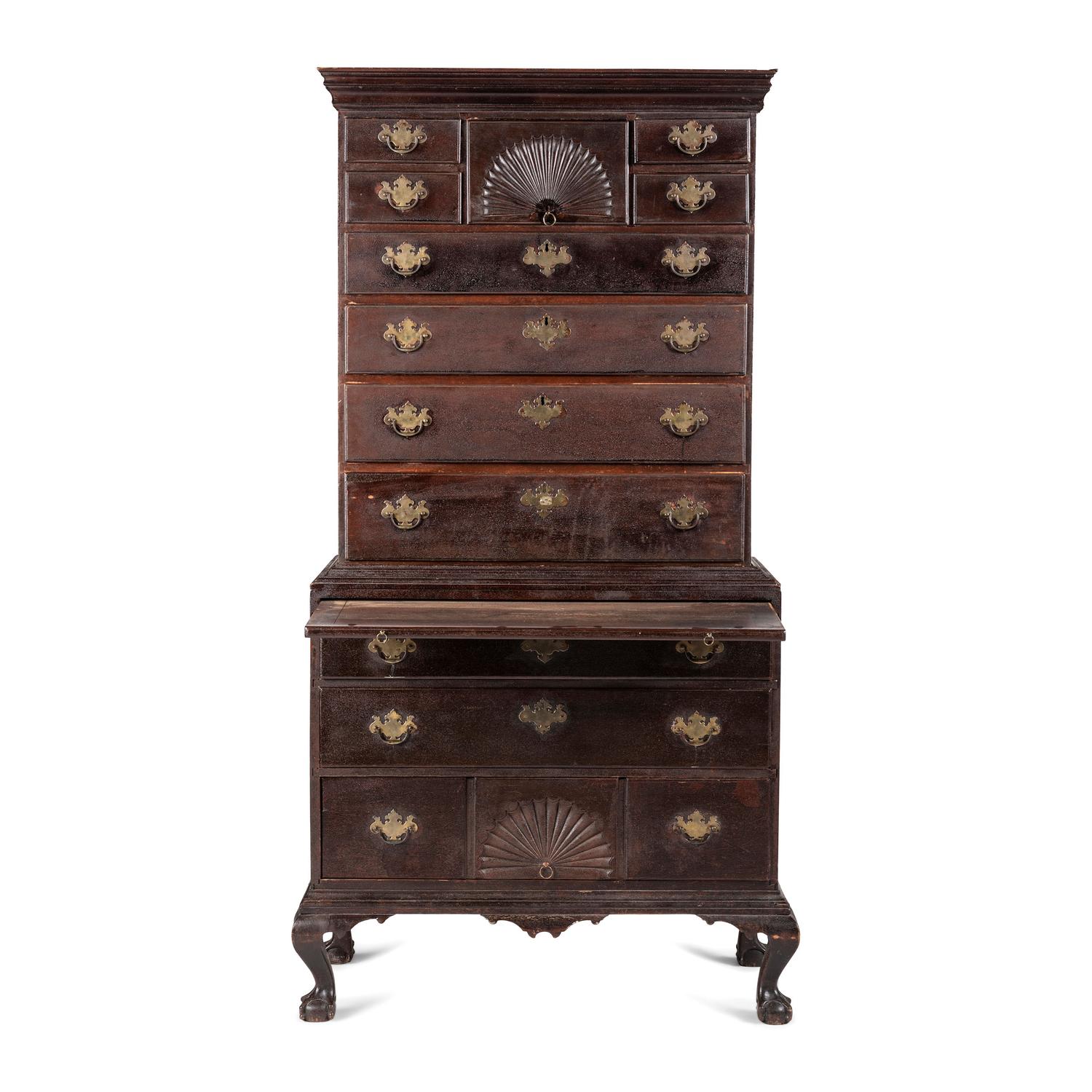 A Chippendale Fan-Carved Cherrywood Claw-and-Ball Foot Chest-on-Chest