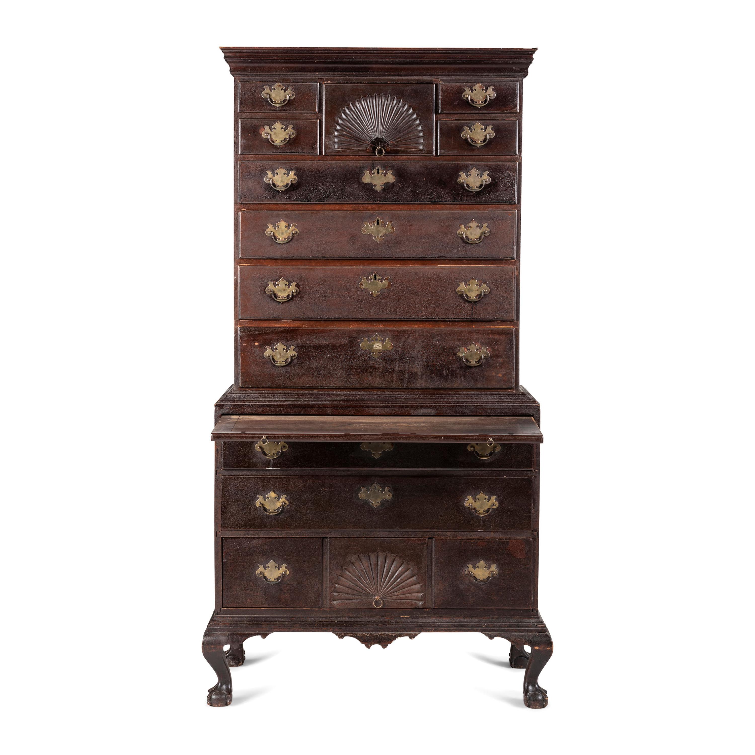 A Chippendale Fan-Carved Cherrywood Claw-and-Ball Foot Chest-on-Chest