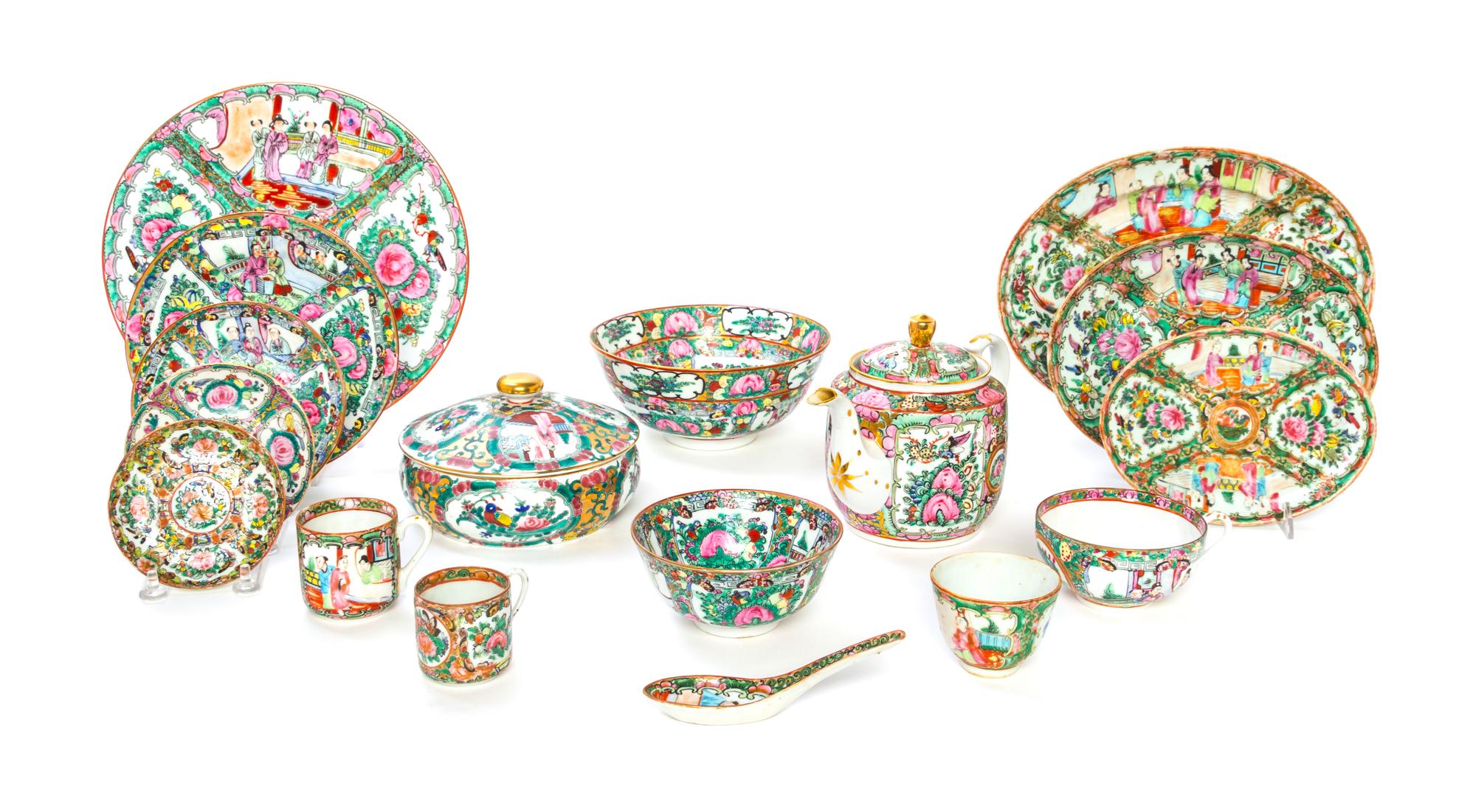 A Chinese Export Rose Medallion Porcelain Dinner Service Diameter of dinner plate 10 1/4 inches.