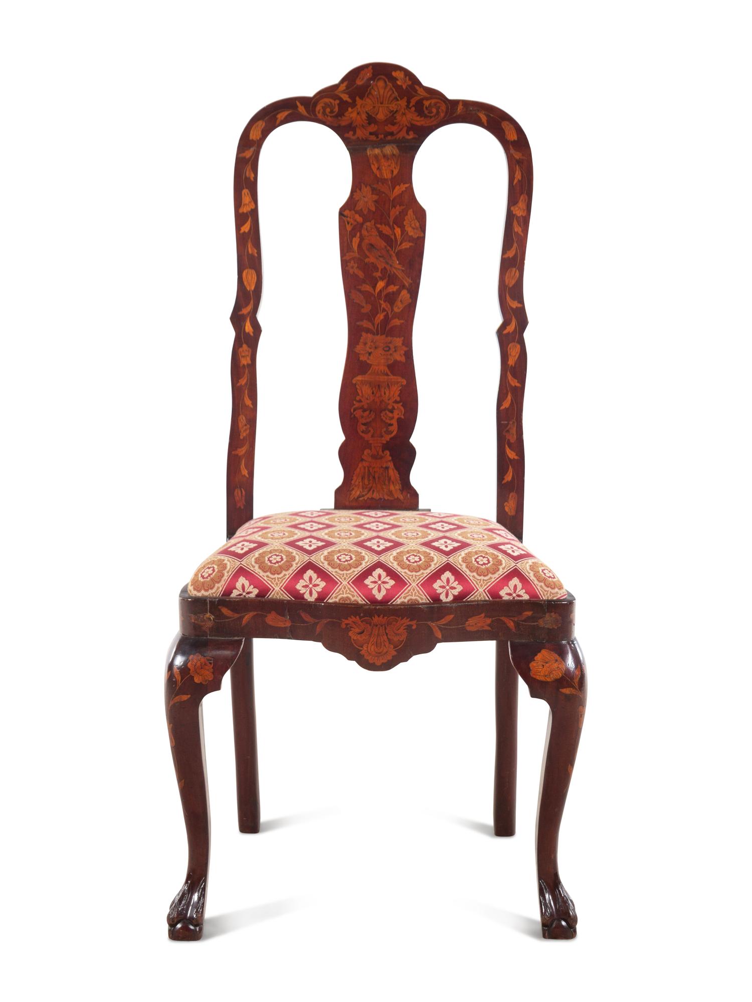 A Dutch Marquetry Side Chair with Scalamandré Upholstery