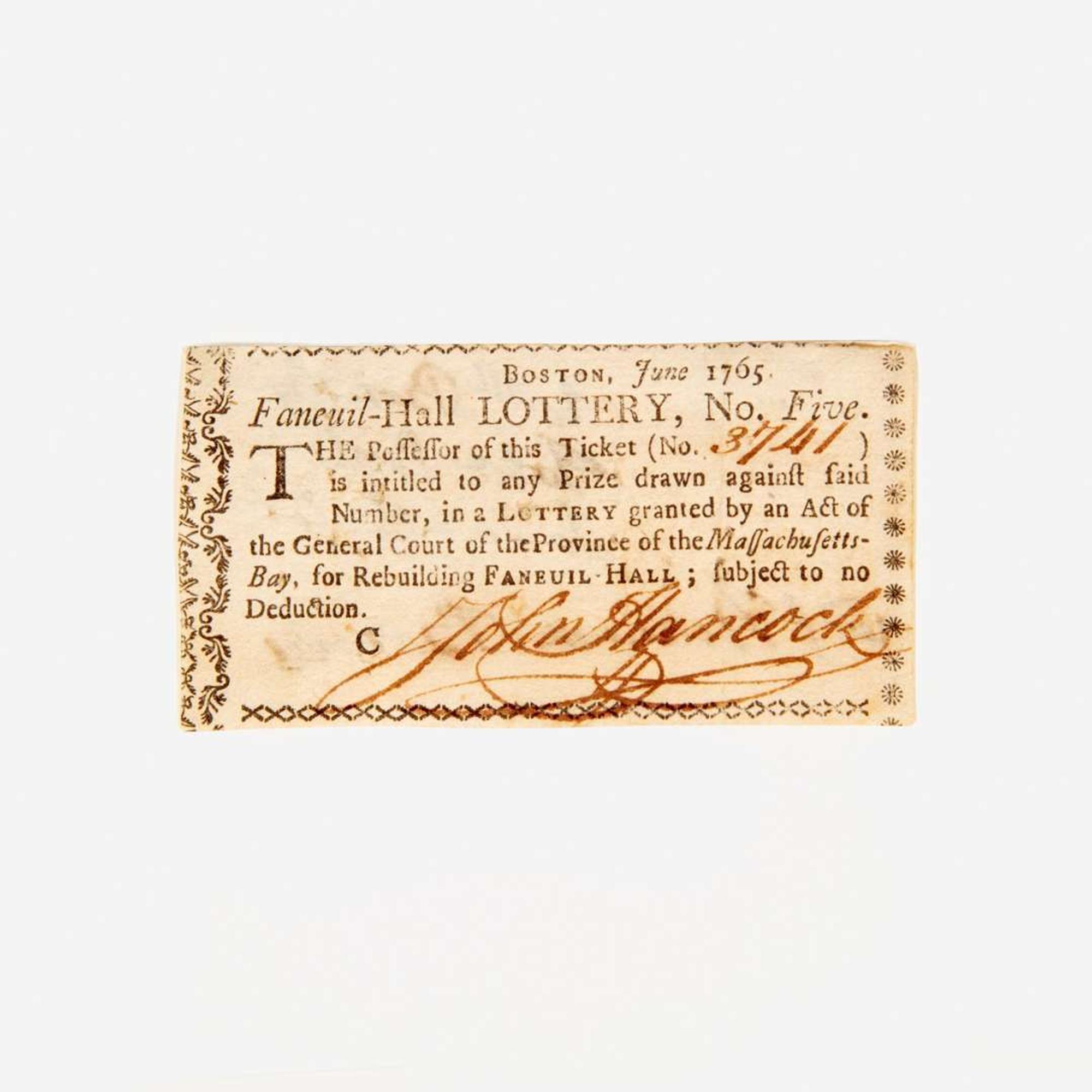 [Americana] Hancock, John Signed Lottery Ticket
