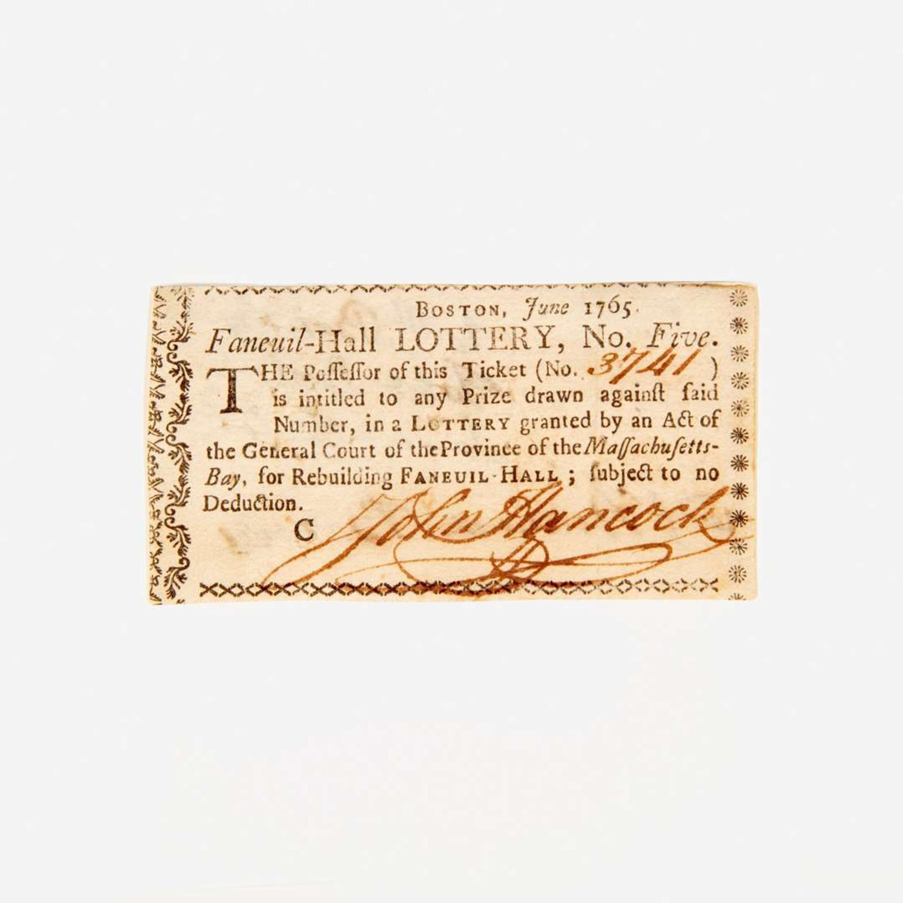 [Americana] Hancock, John Signed Lottery Ticket