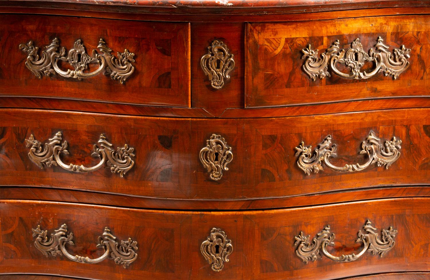 A Régence Gilt Bronze Mounted Parquetry Marble-Top Commode