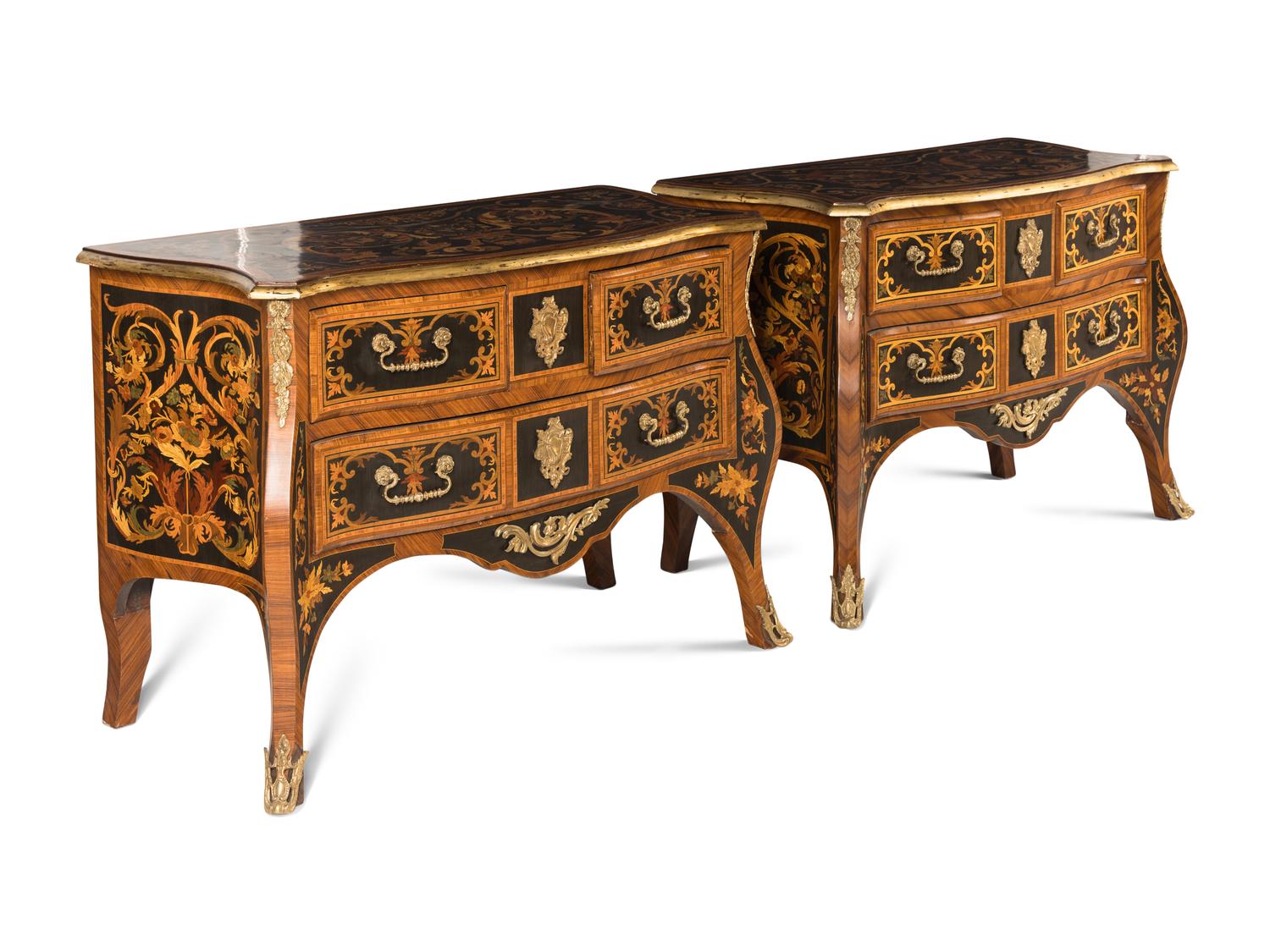 A Pair of Louis XIV Style Gilt Bronze Mounted Marquetry Commodes