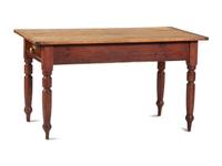 A Country Late Federal Red-Stained Pine Scrubbed Top One-Drawer Work Table
