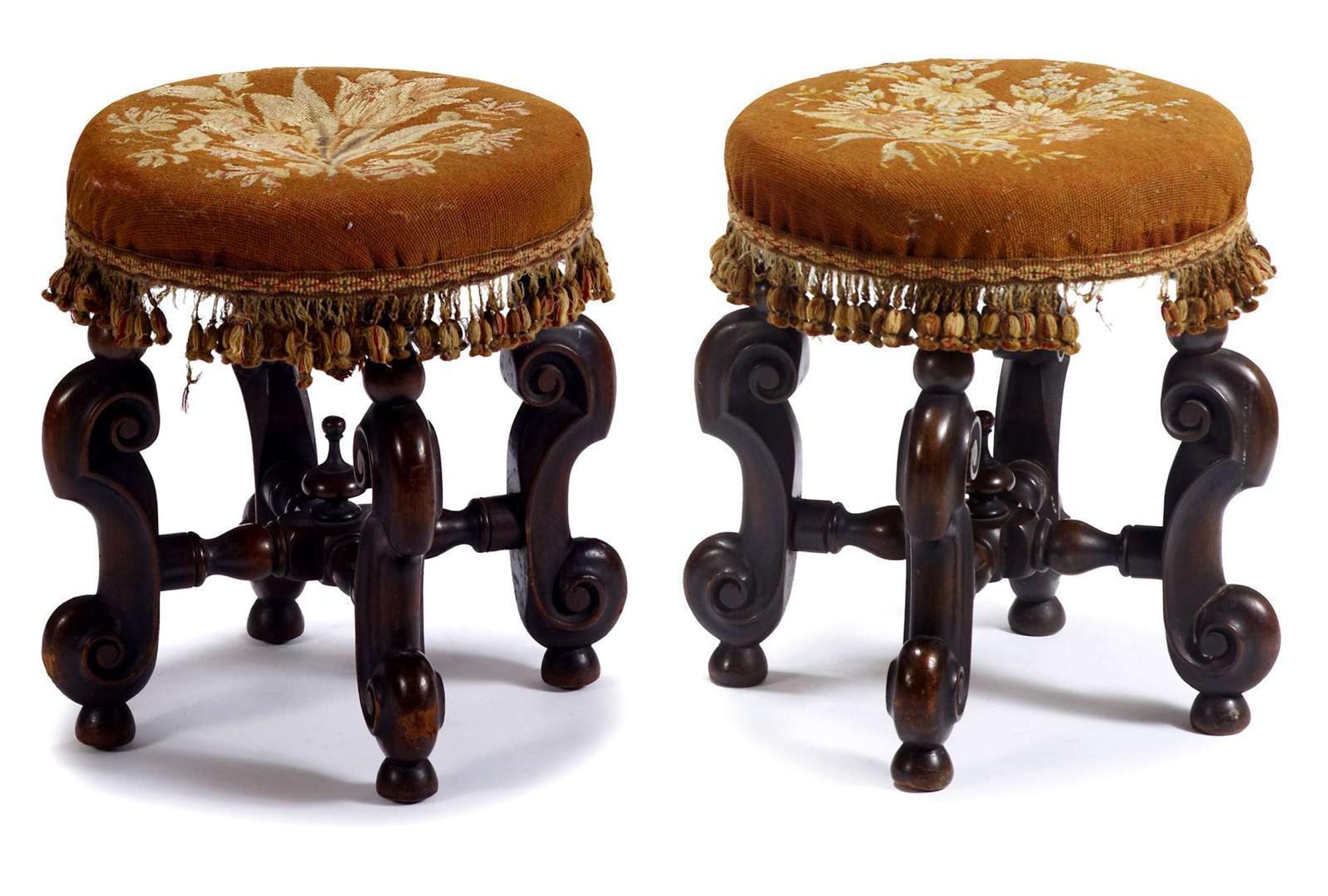 Pair of Victorian foot stools bearing retailer's paper label, "sloan's new york"