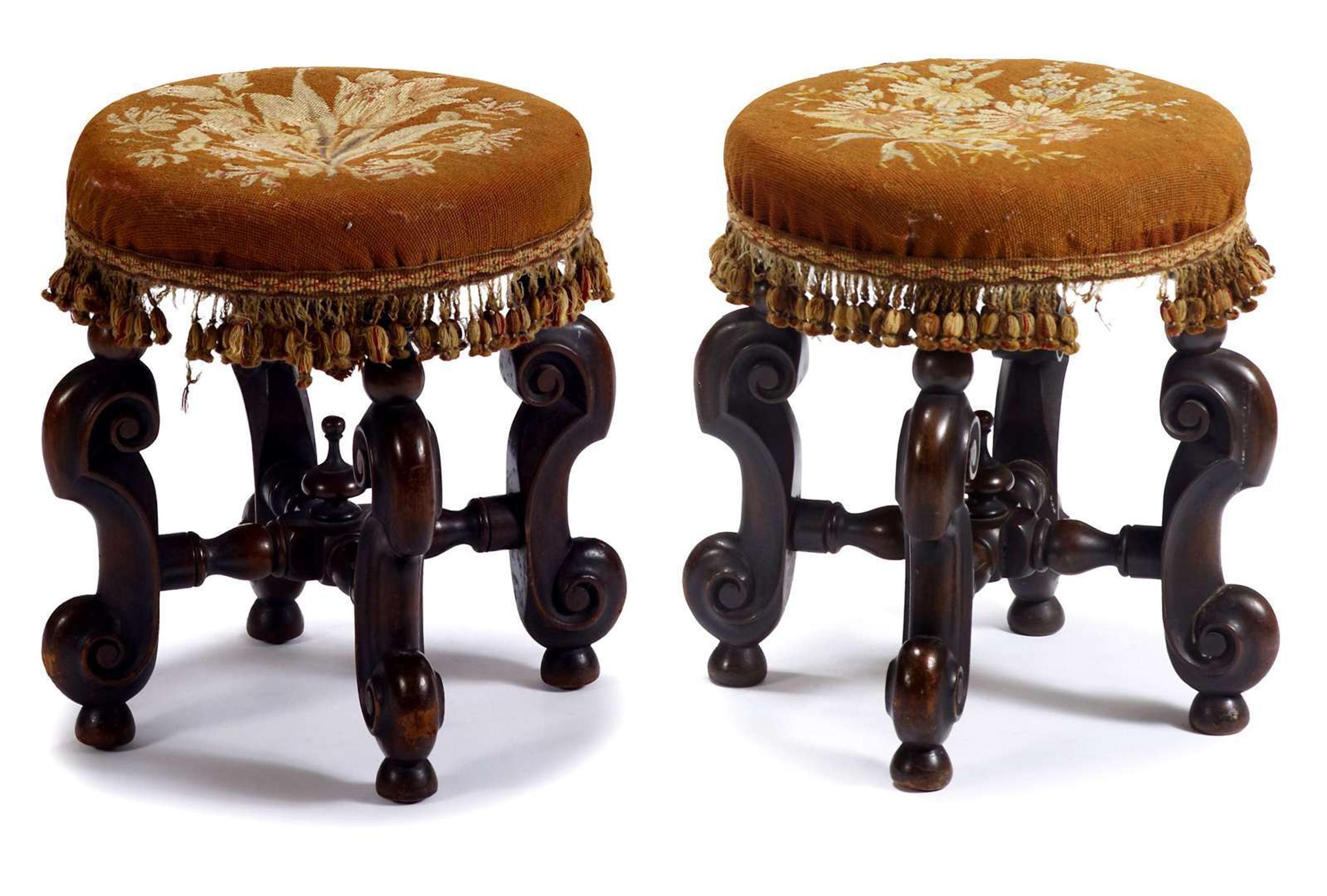 Pair of Victorian foot stools bearing retailer's paper label, "sloan's new york"