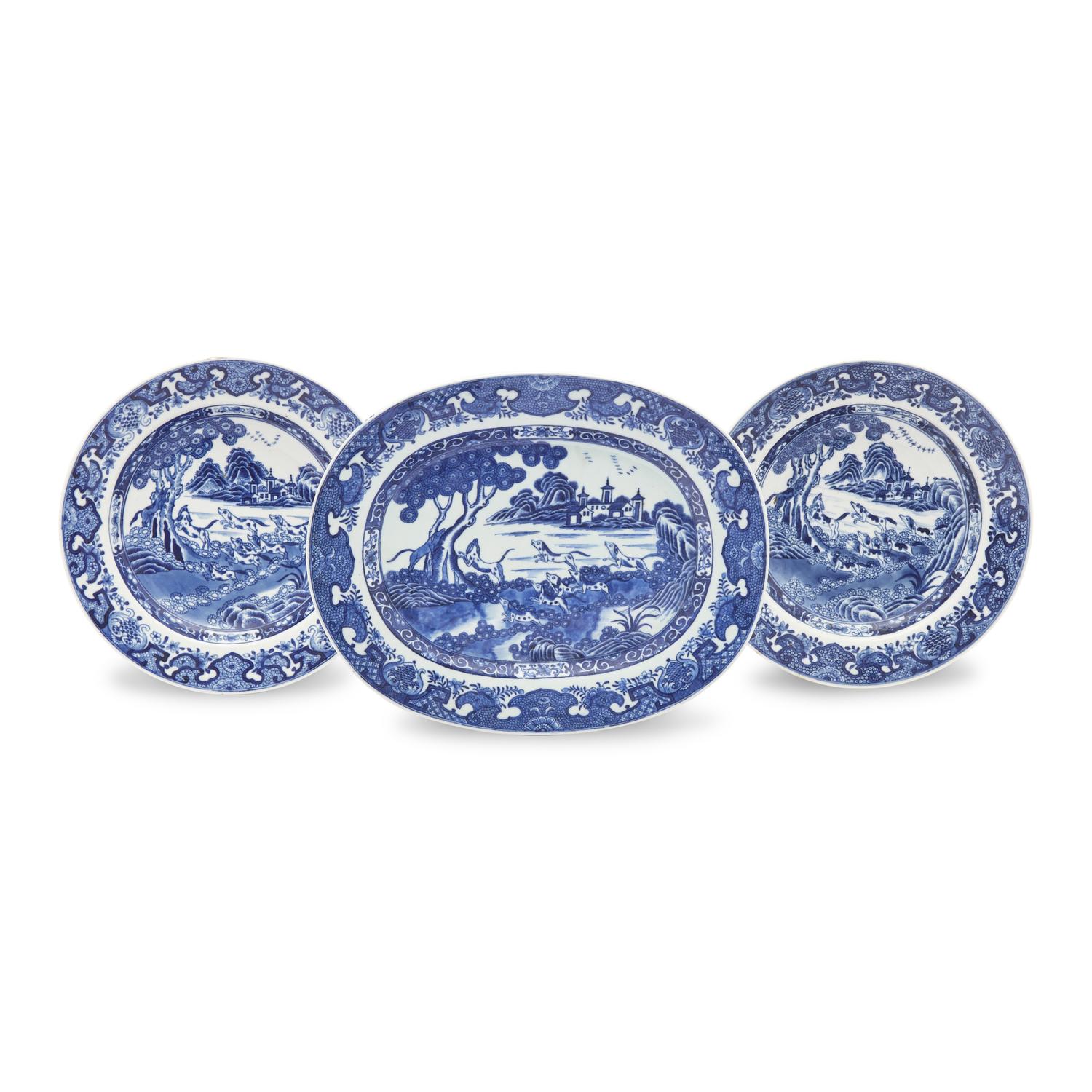 Three Chinese Export Porcelain Blue and White Hunt Scene Tablewares