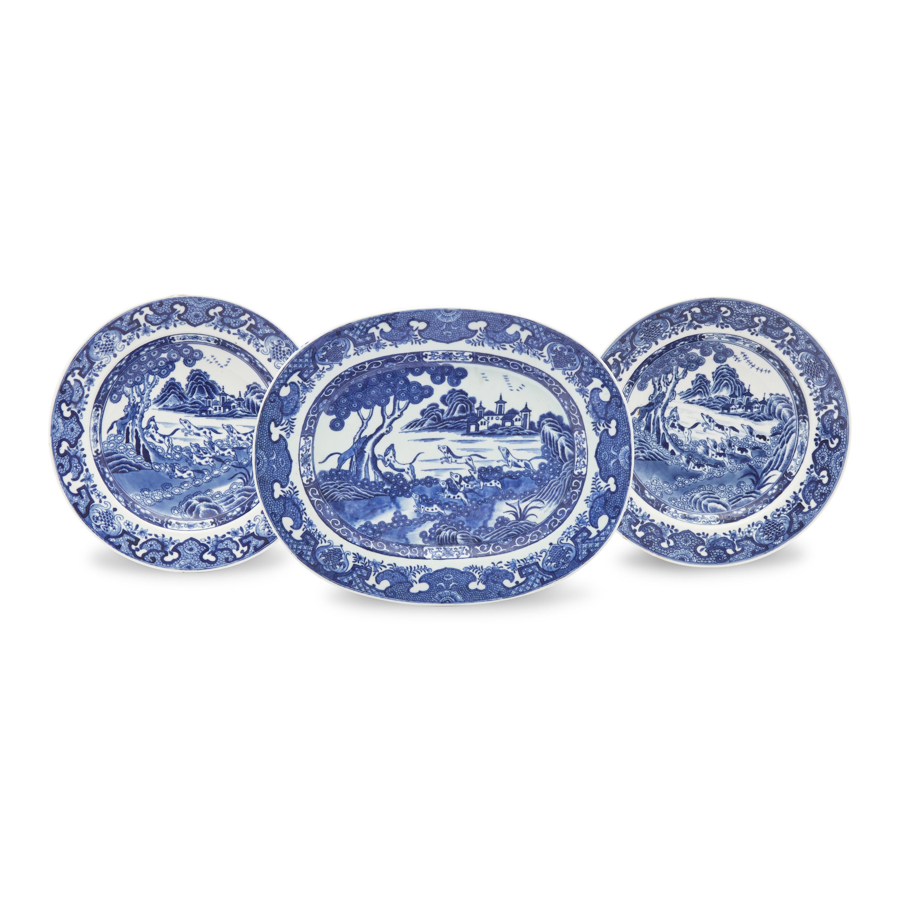 Three Chinese Export Porcelain Blue and White Hunt Scene Tablewares
