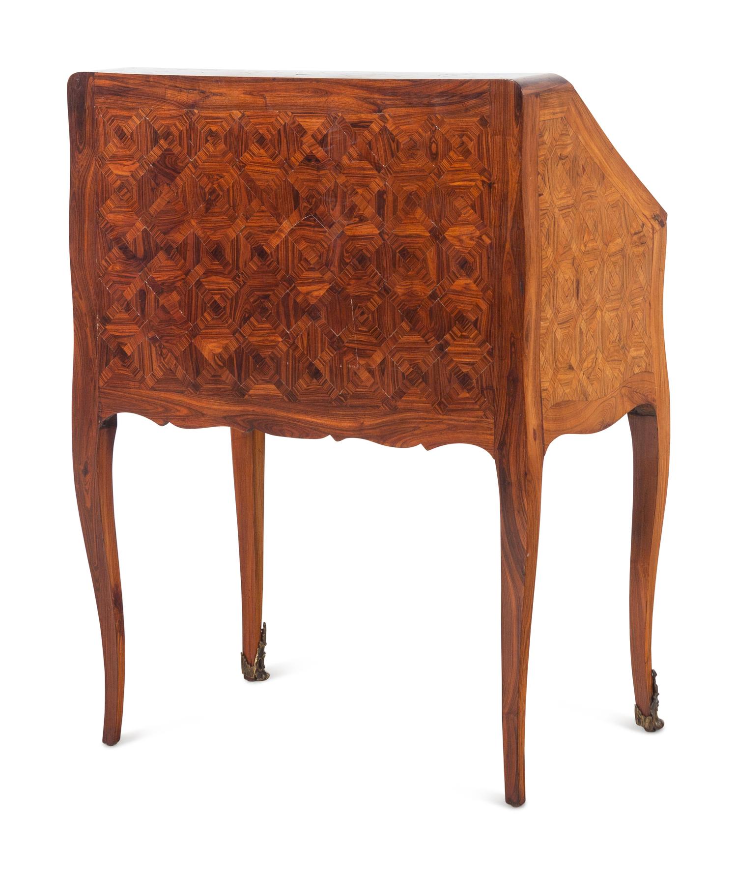 A Louis XV Style Tulipwood and Parquetry Slant-Front Bureau