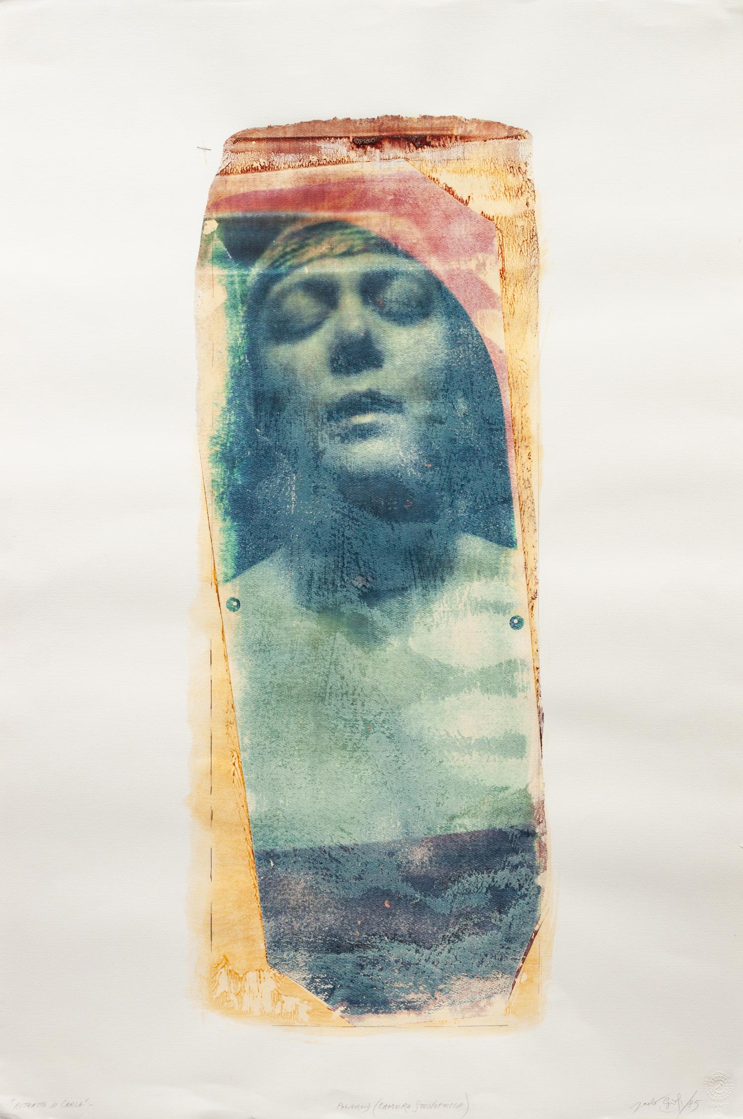 A pair of polaroids ( Ritratto di Carla , 1985; Omaggio Impuro a Bayard , 1983)