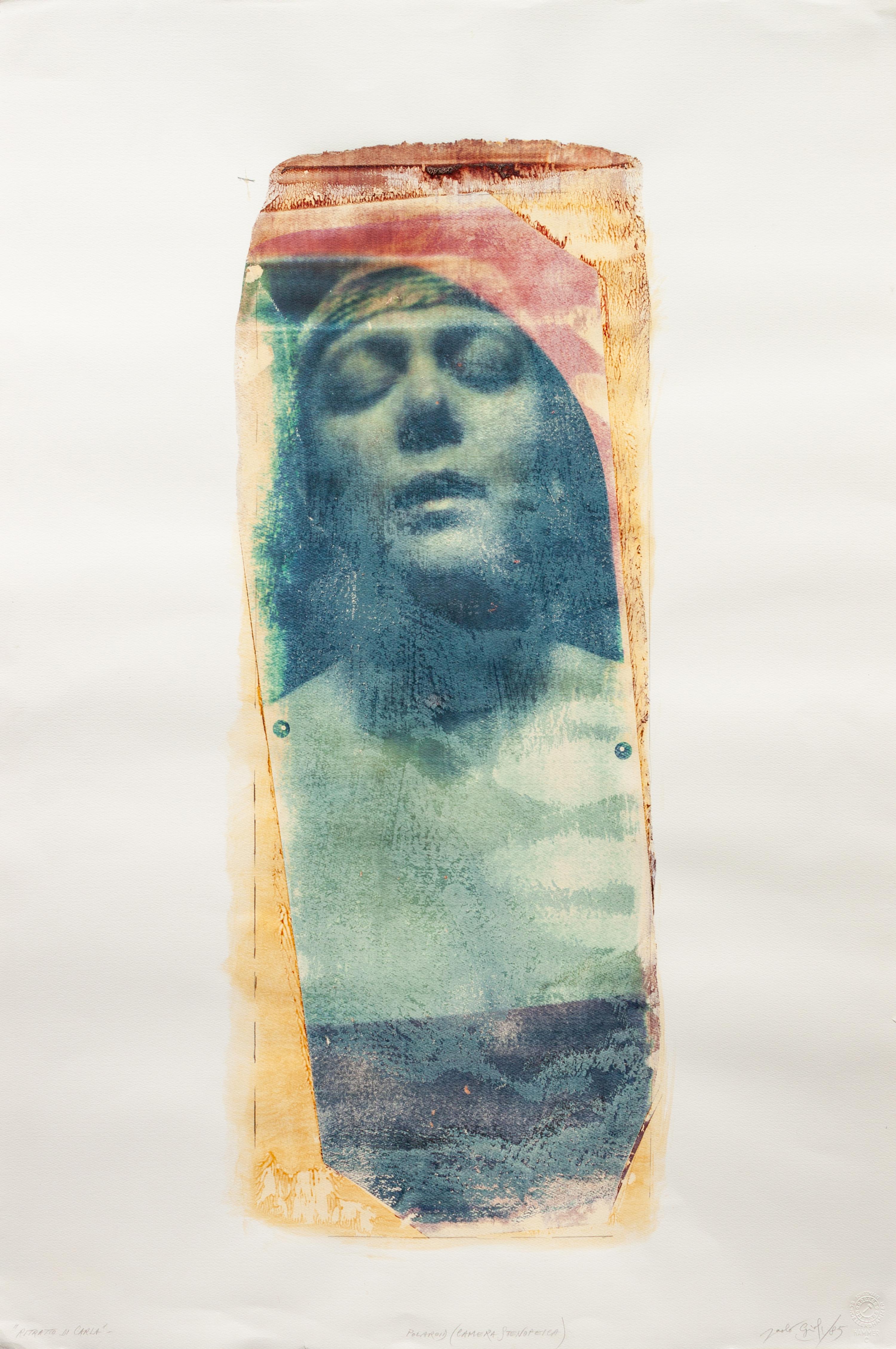 A pair of polaroids ( Ritratto di Carla , 1985; Omaggio Impuro a Bayard , 1983)