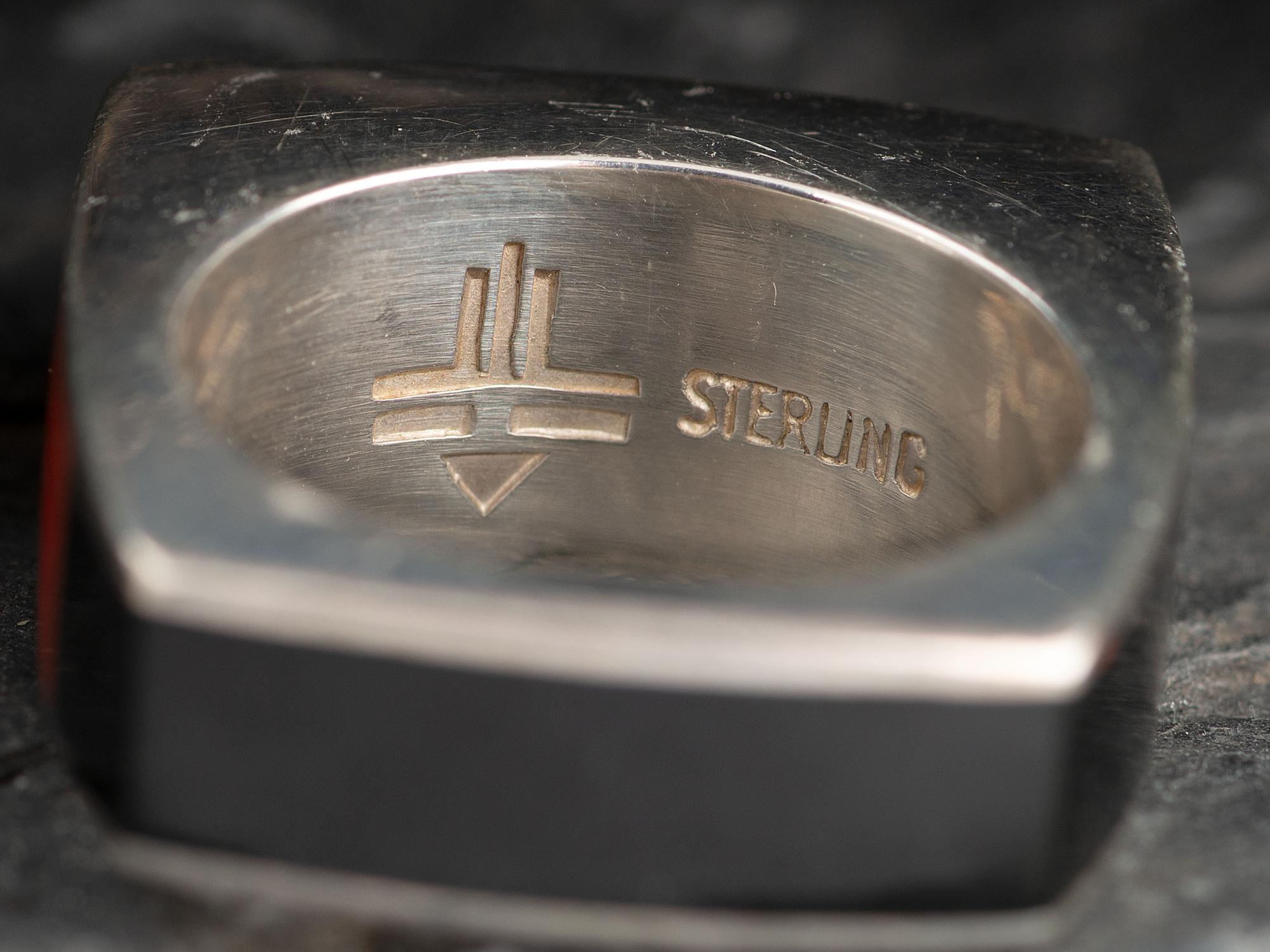 Sterling Silver, Coral, Onyx, and Sugilite Squared Ring