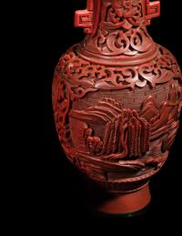 Eight Chinese Carved Red Lacquered Vessels
