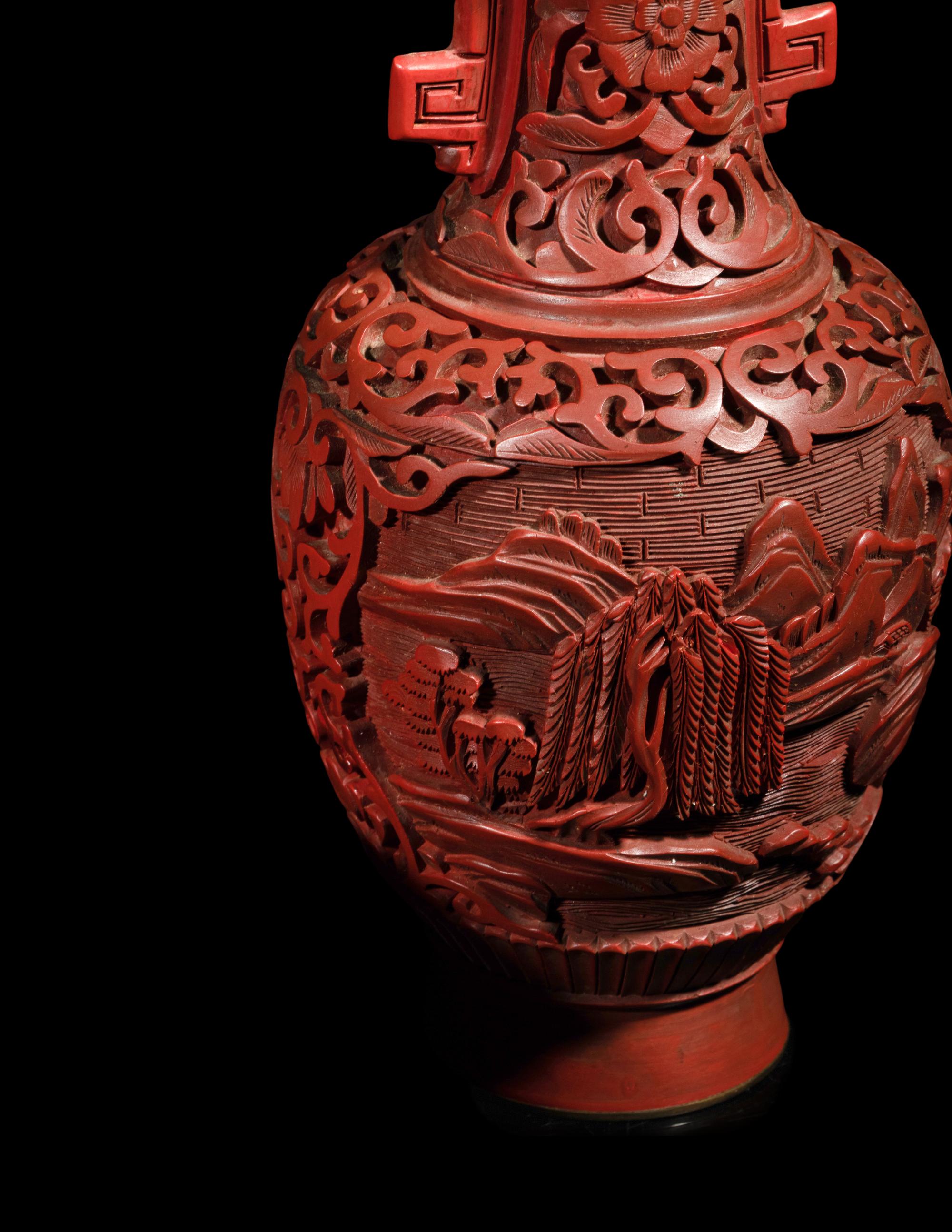Eight Chinese Carved Red Lacquered Vessels