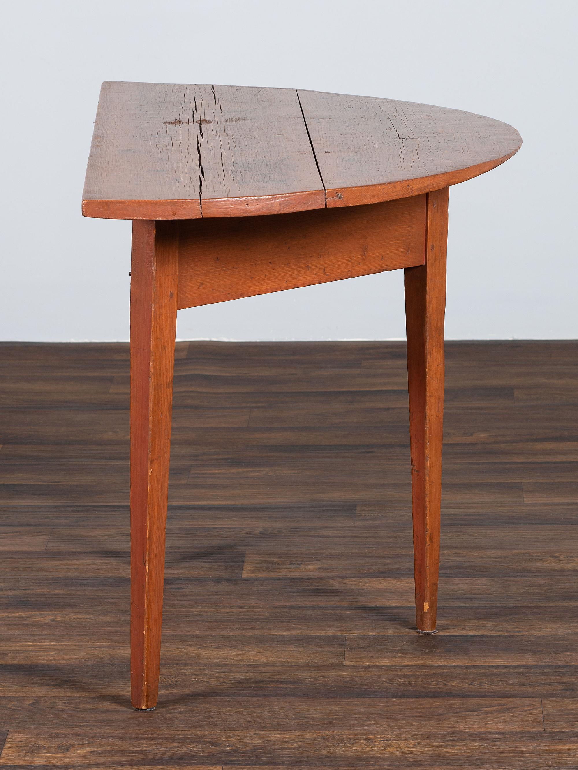 A Country Reddish Brown Painted Pine Demi-Lune Console Table