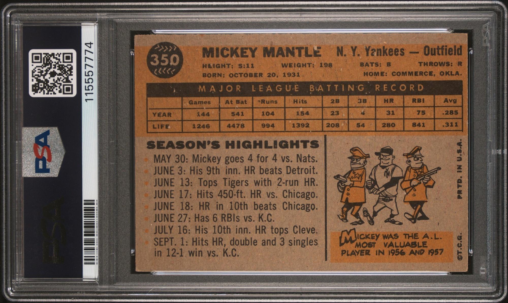 A 1960 Topps Mickey Mantle Baseball Card No. 350 (PSA 4 VG-EX) from The Collection of David Eisenhower