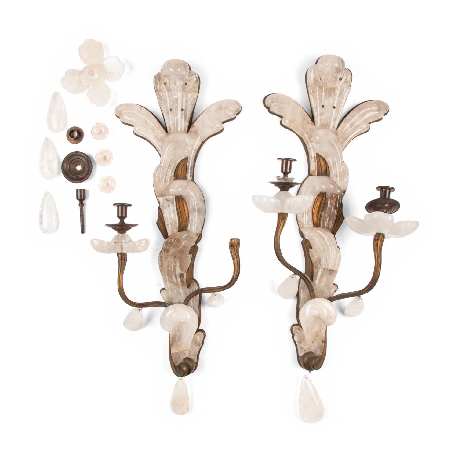 A Pair of French Rock Crystal and Gilt Bronze Two-Light Sconces