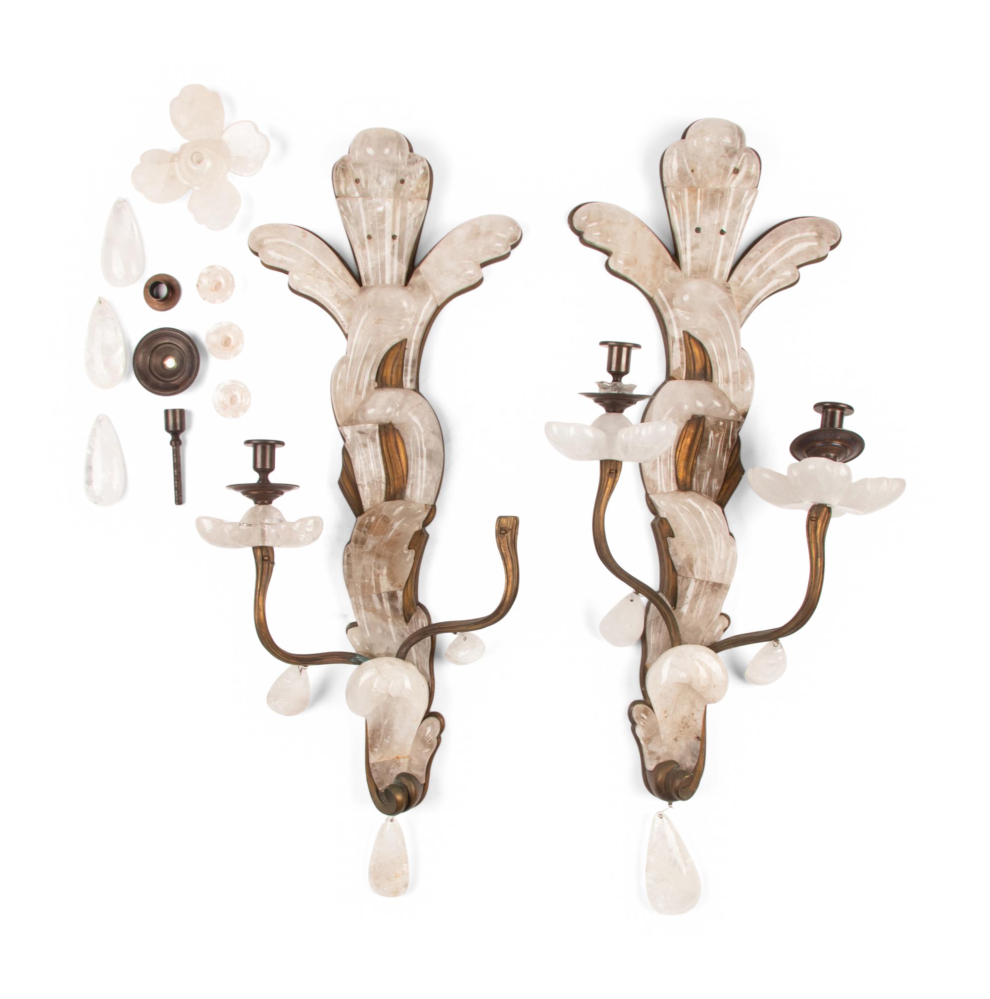 A Pair of French Rock Crystal and Gilt Bronze Two-Light Sconces