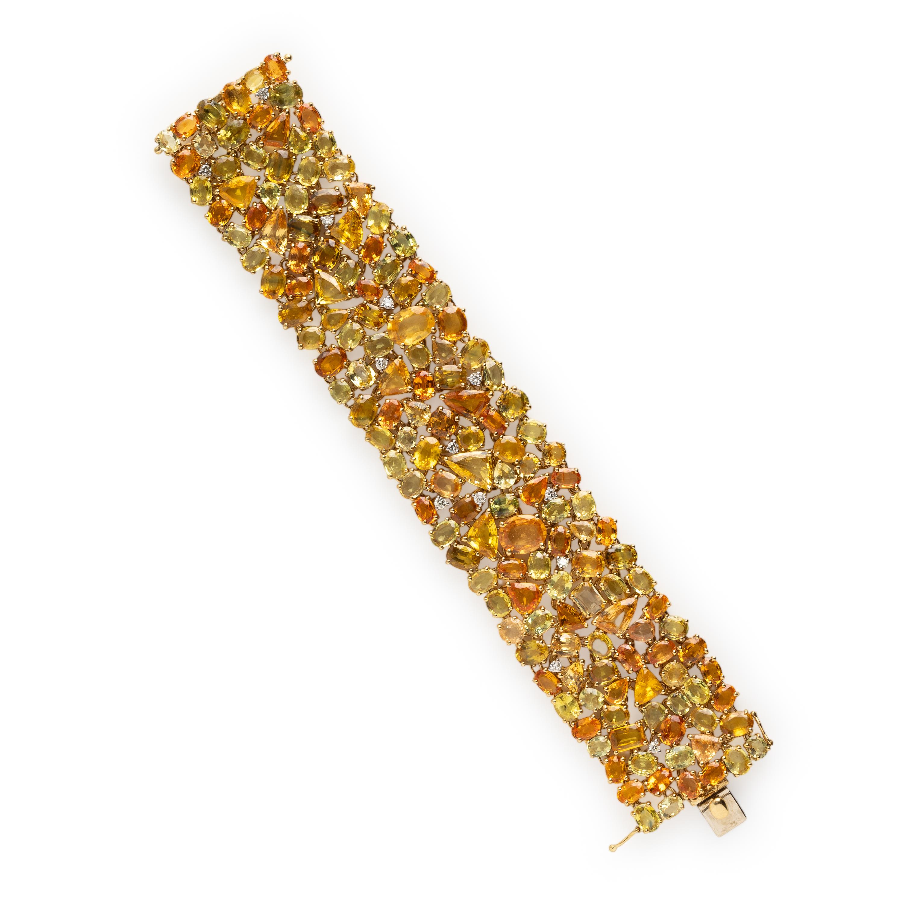 Yellow and Orange Sapphire, Diamond, and Yellow Gold Bracelet