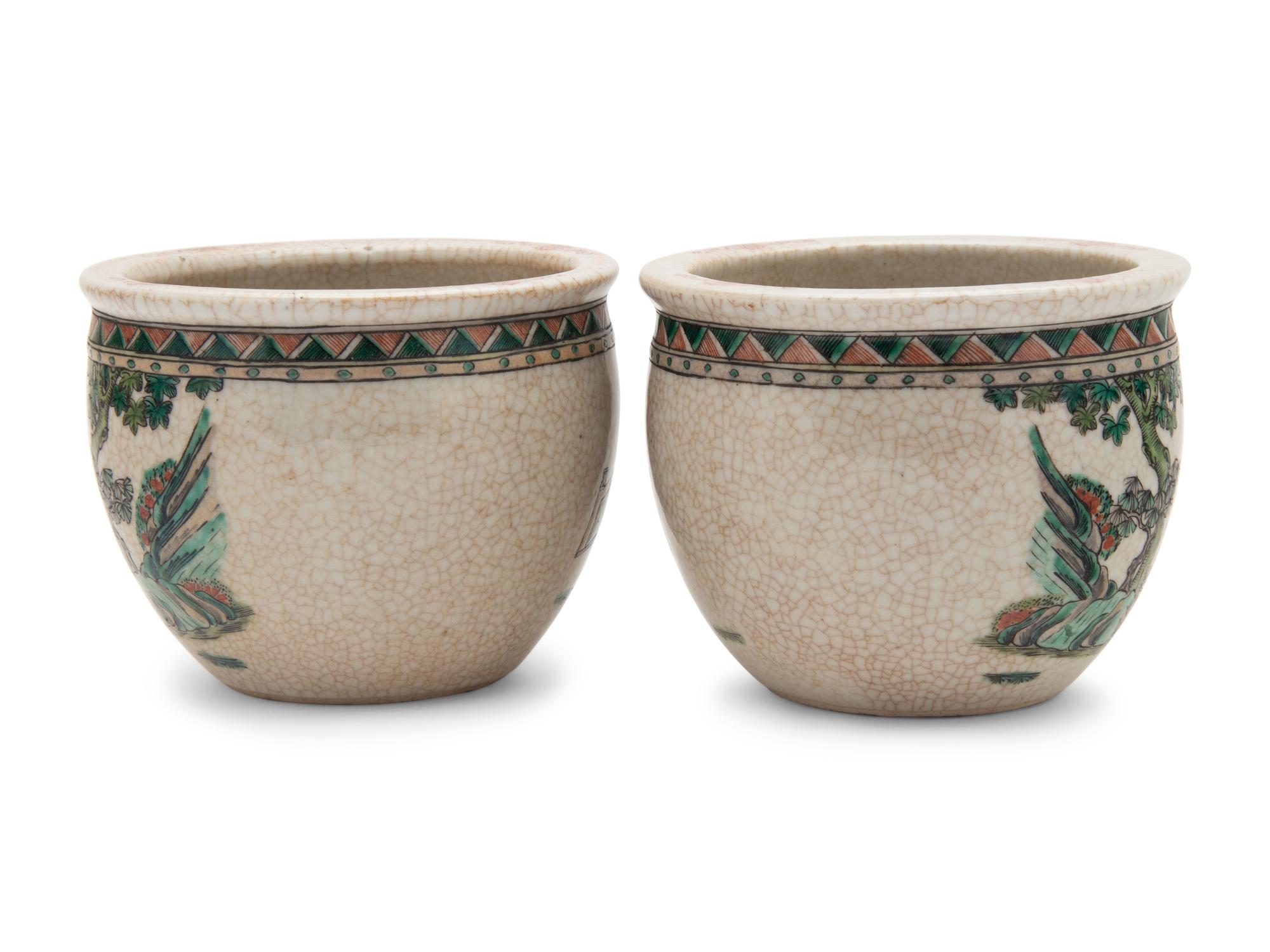 A Pair of Small Chinese Crackle Glazed Sancai Porcelain Fish Bowls and A Famille Rose Porcelain Planter