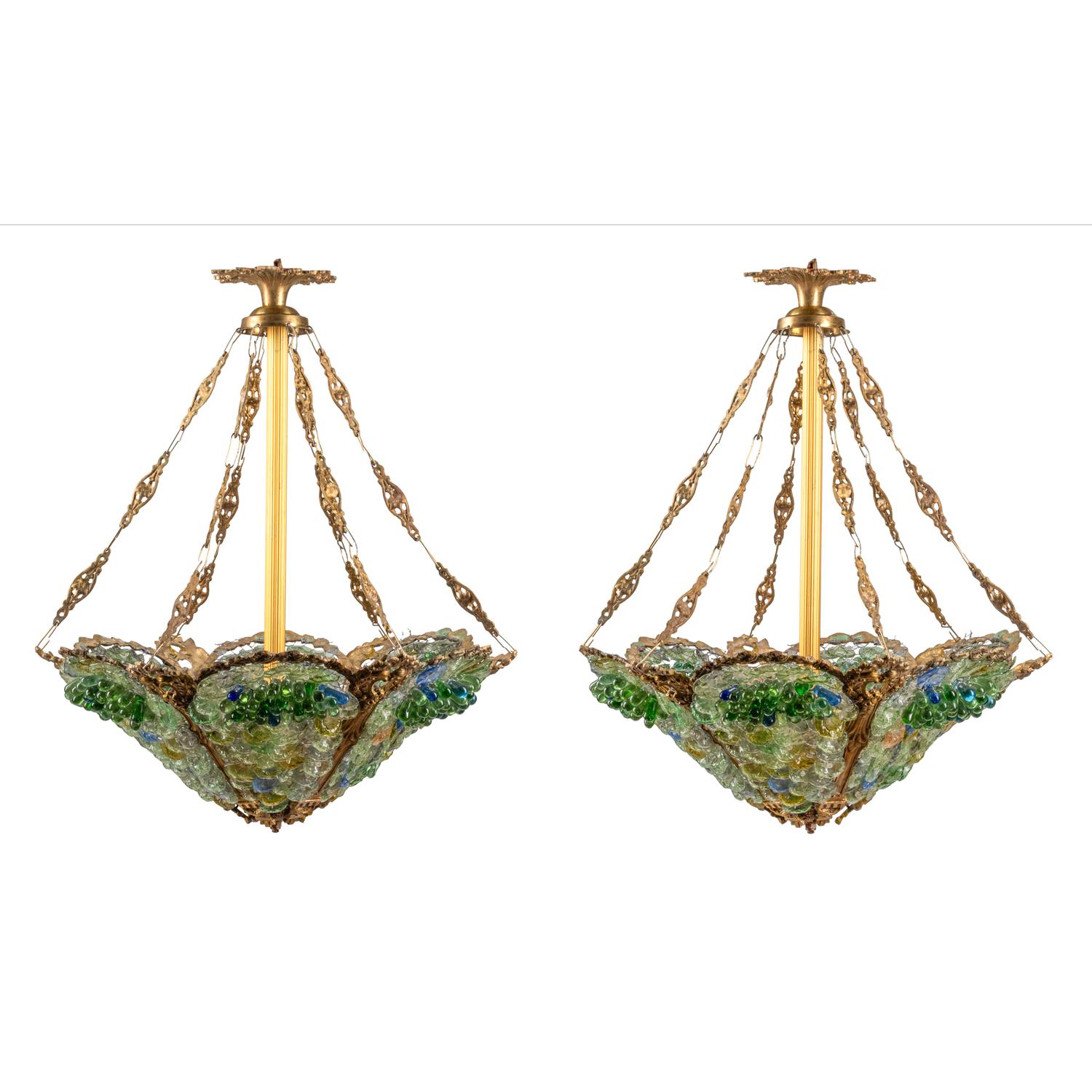 A Pair of Gilt Bronze and Colored Glass Hexagonal Chandeliers