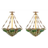A Pair of Gilt Bronze and Colored Glass Hexagonal Chandeliers