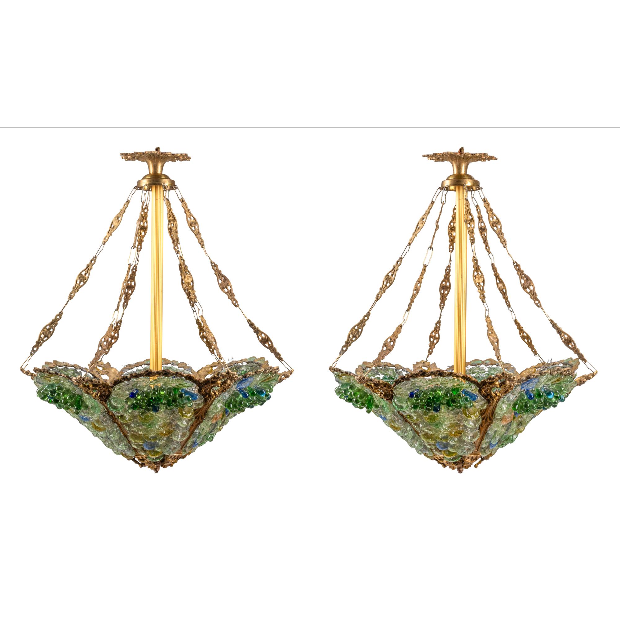 A Pair of Gilt Bronze and Colored Glass Hexagonal Chandeliers