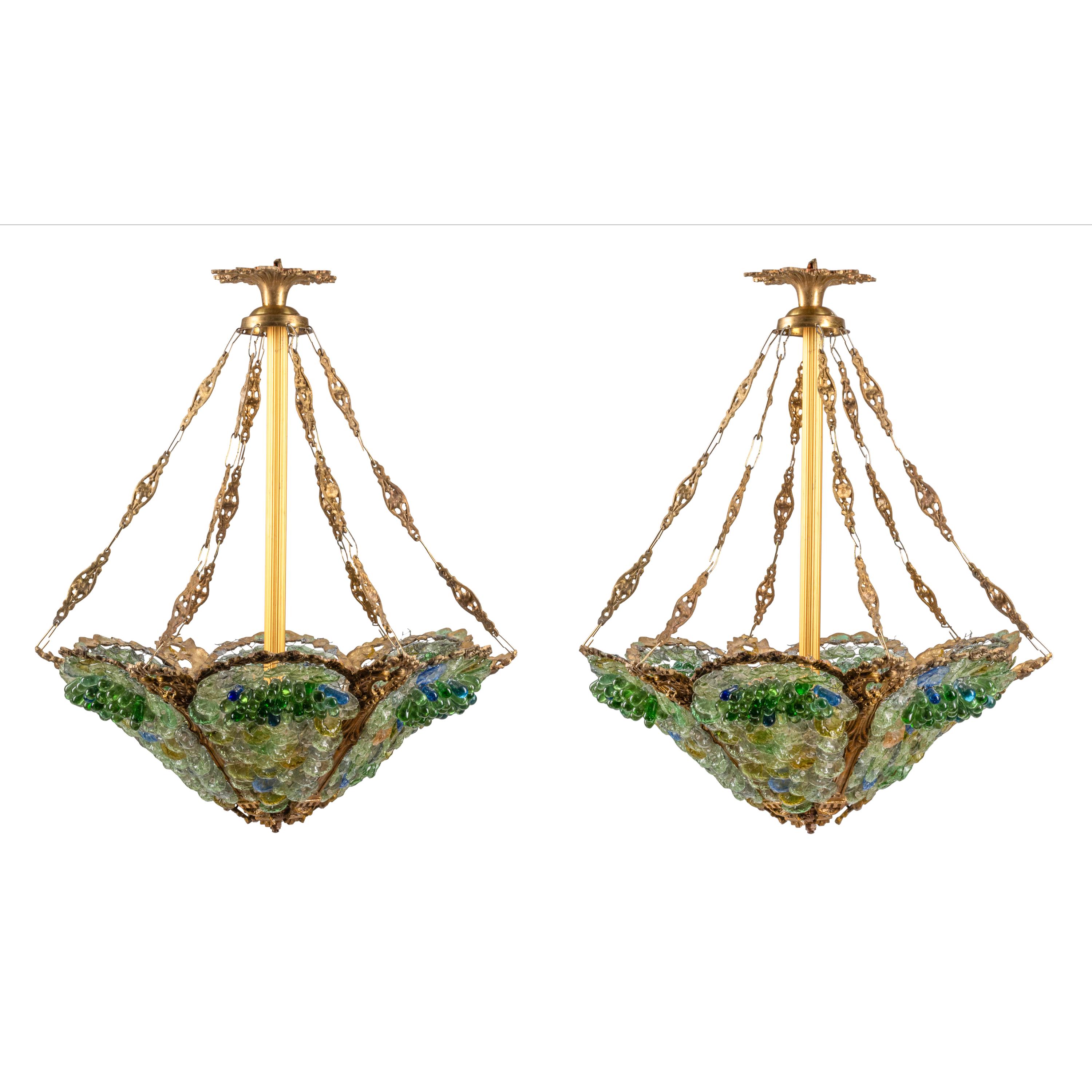 A Pair of Gilt Bronze and Colored Glass Hexagonal Chandeliers