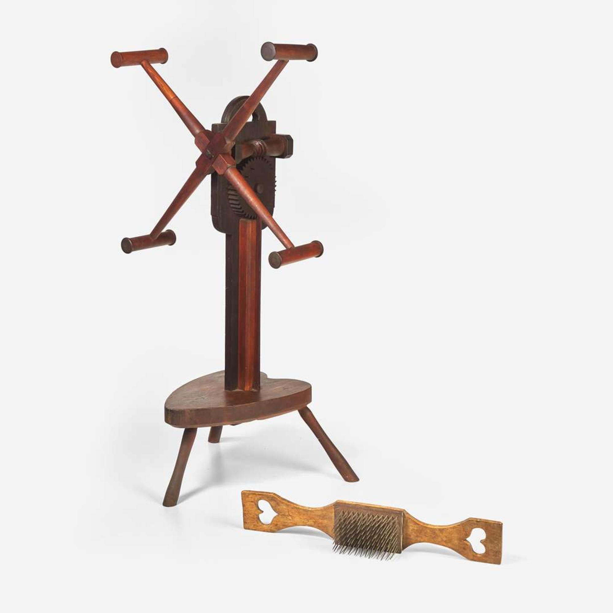A carved hickory and pine yarn winder and flax comb; Pennsylvania, 19th century